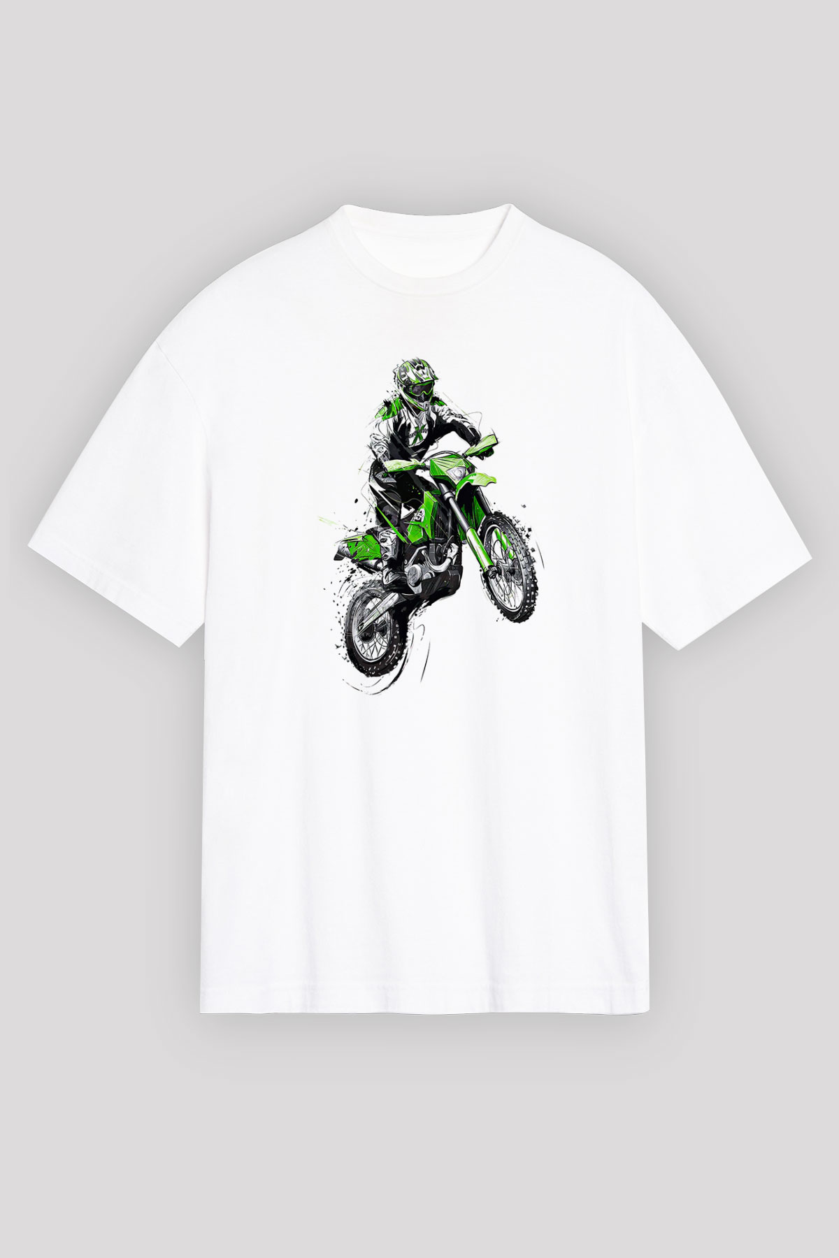 Motor Sporları Baskılı Unisex Beyaz Oversize Tişört - Tshirt