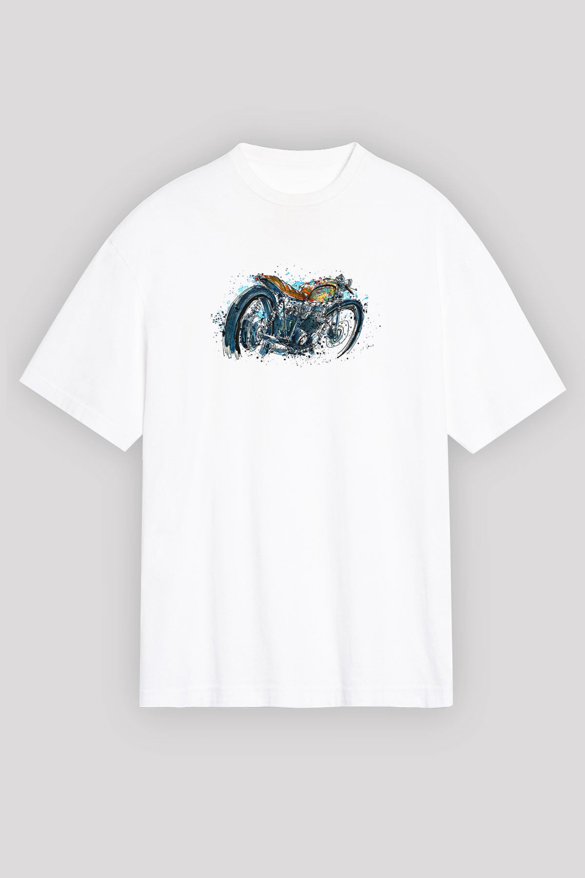 Motor Sporları Baskılı Unisex Beyaz Oversize Tişört - Tshirt