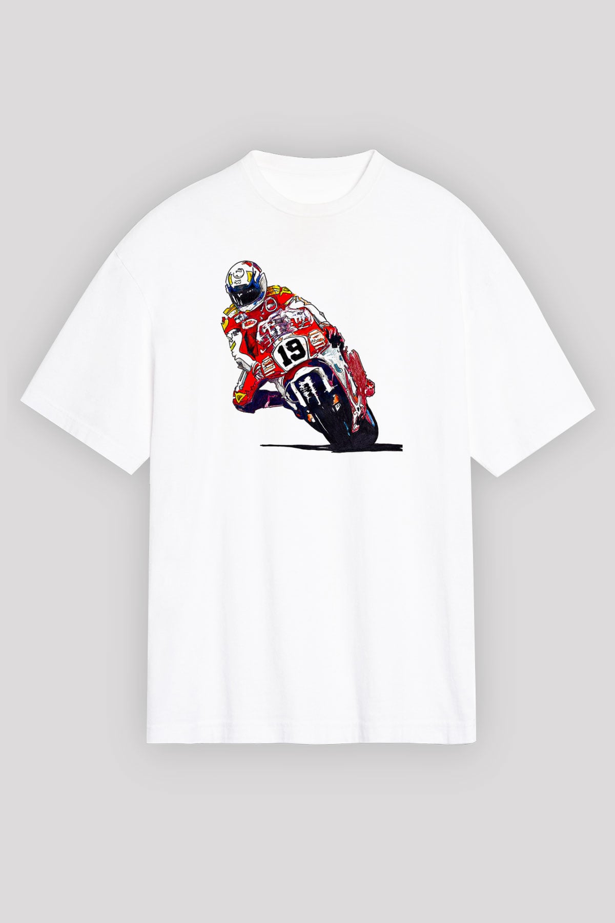 Motor Sporları Baskılı Unisex Beyaz Oversize Tişört - Tshirt