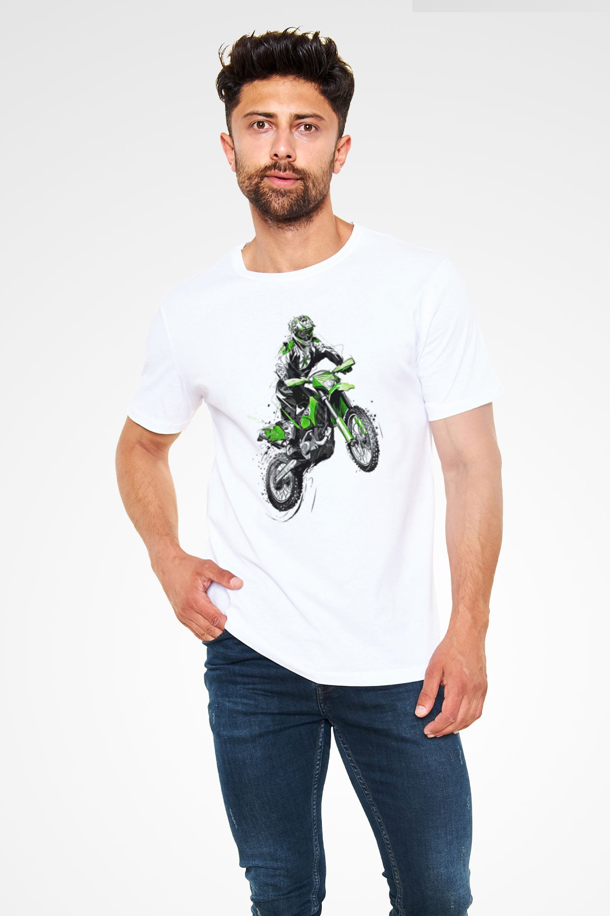 Motor Sporları Baskılı Unisex Beyaz Tişört - Tshirt