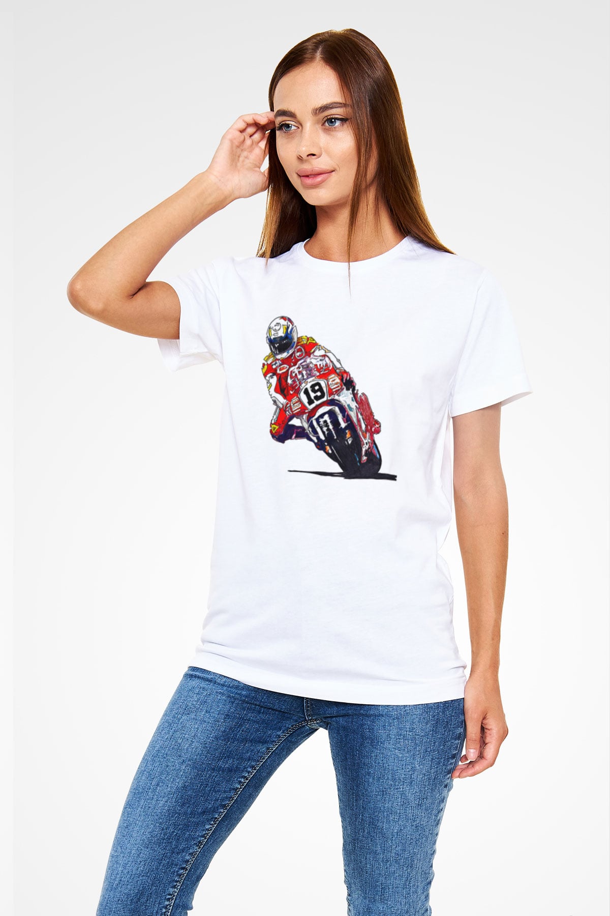 Motor Sporları Baskılı Unisex Beyaz Tişört - Tshirt