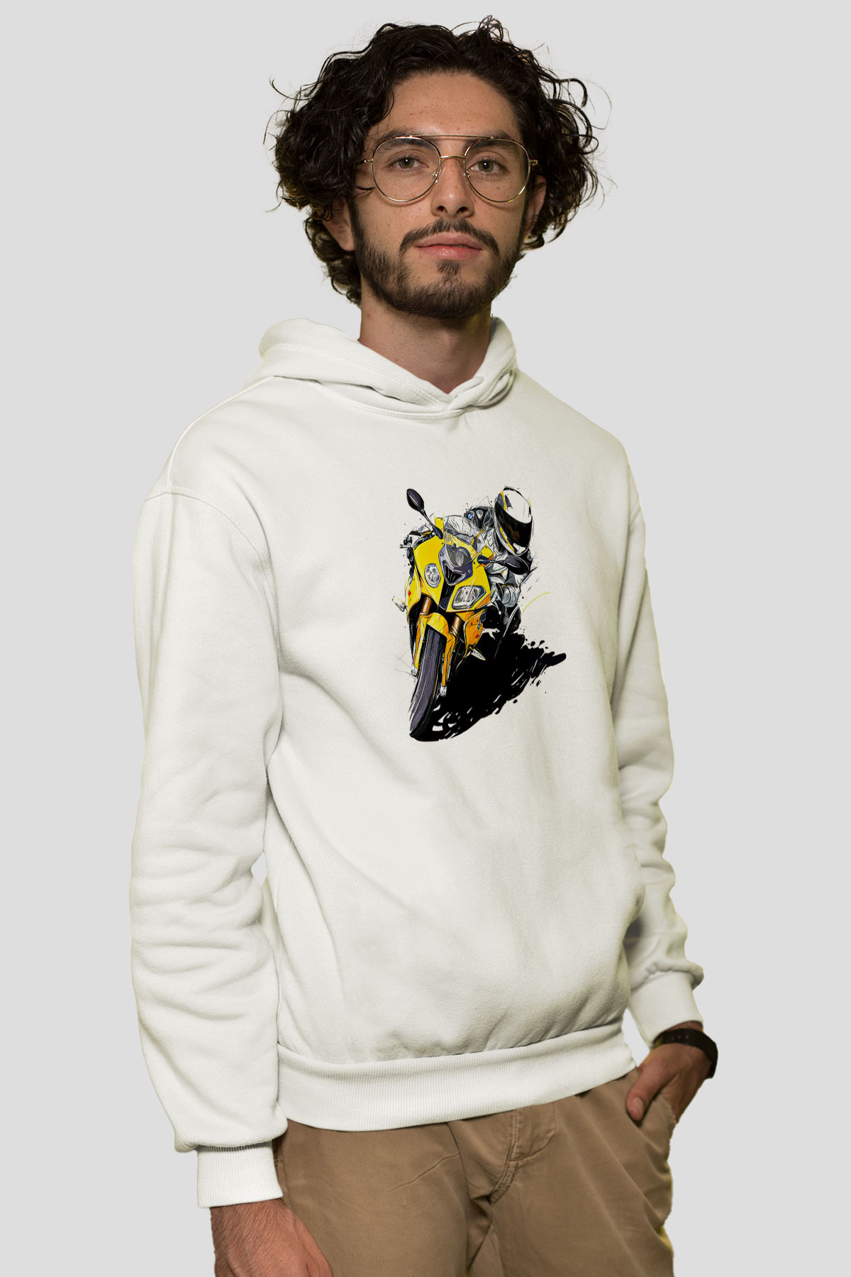 Motor Sporları Baskılı Unisex Ekru Hoodie