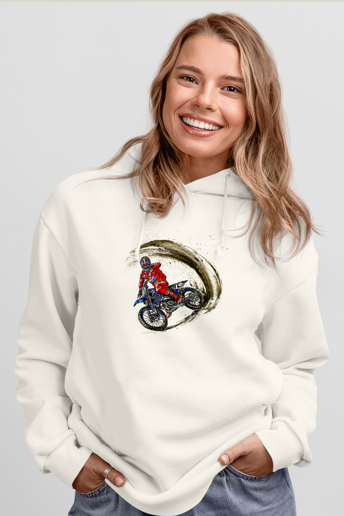 Motor Sporları Baskılı Unisex Ekru Hoodie