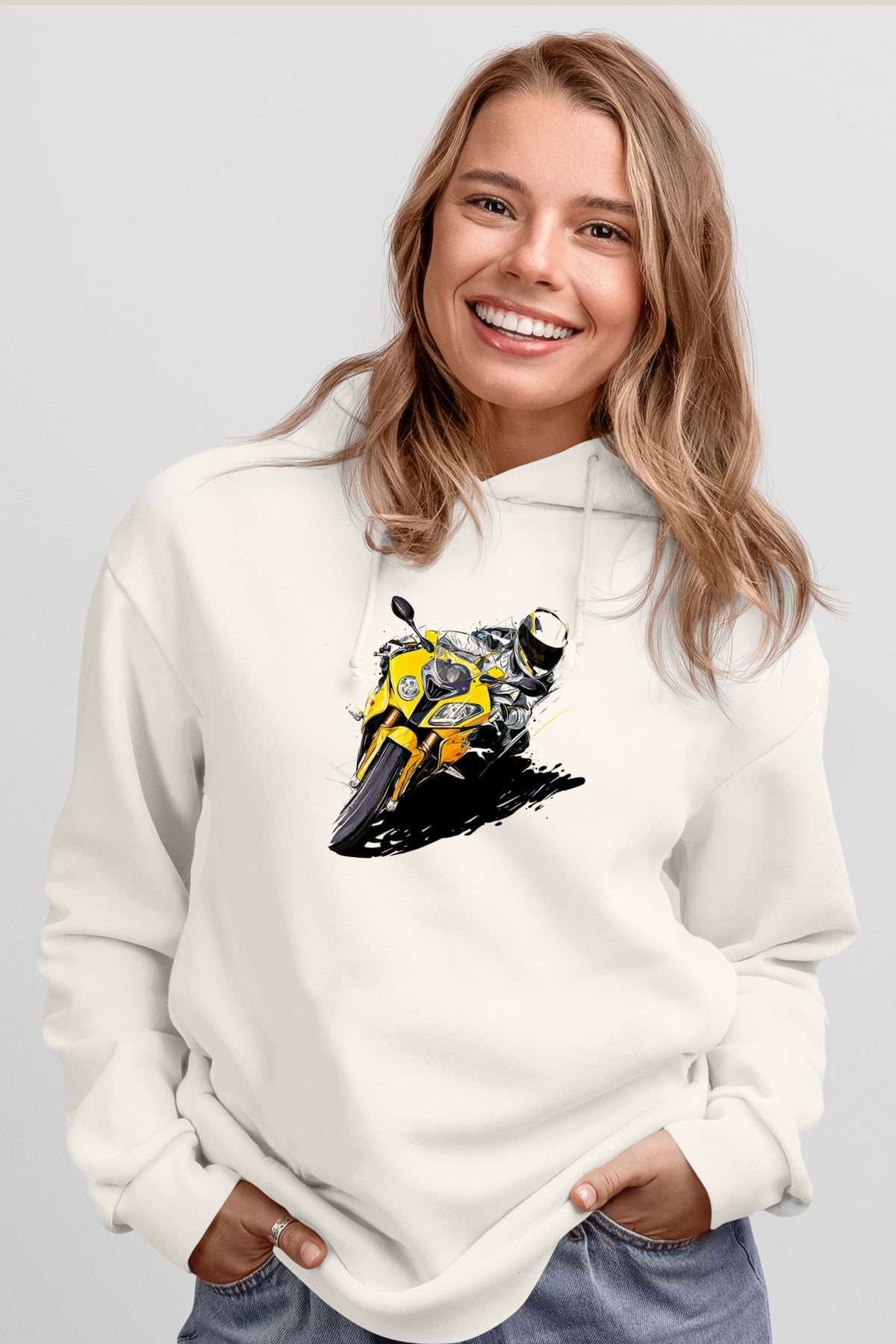 Motor Sporları Baskılı Unisex Ekru Hoodie