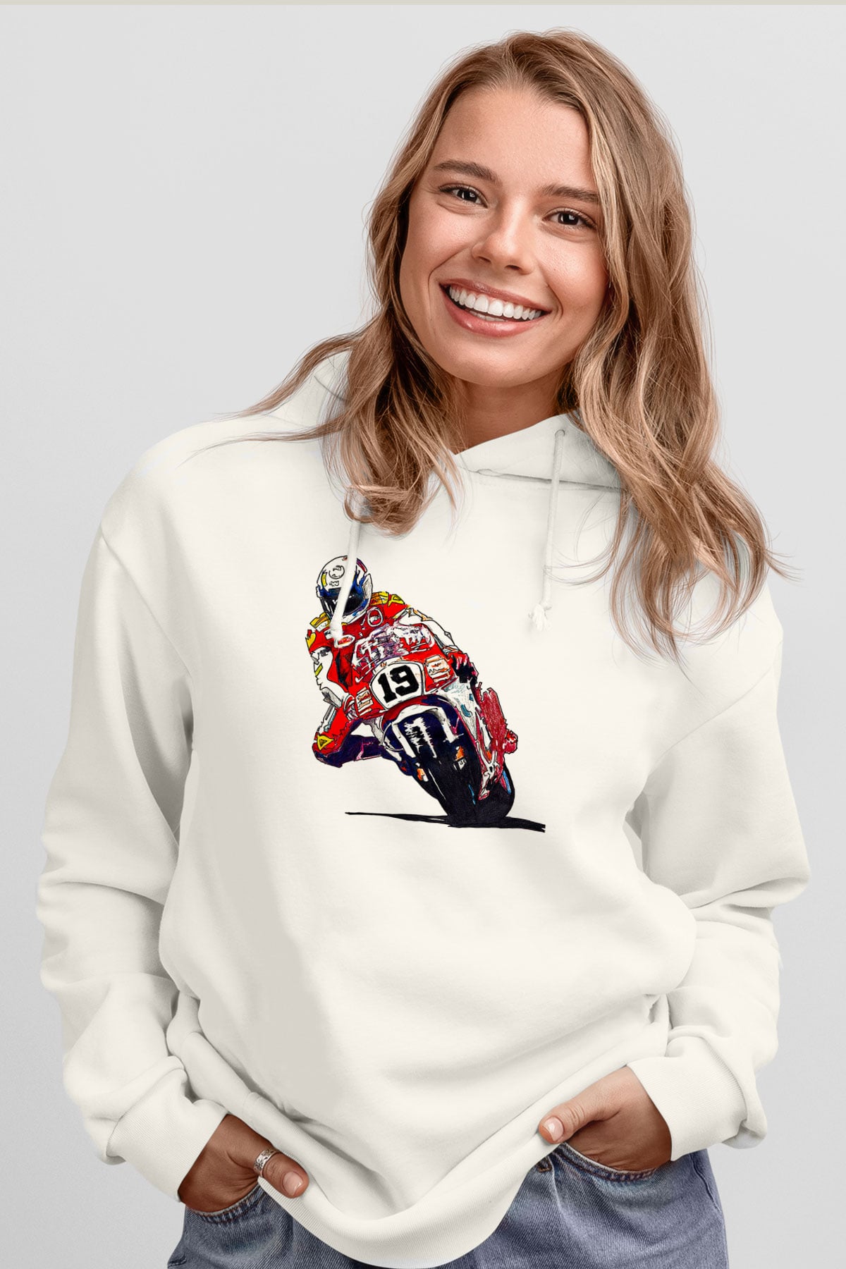 Motor Sporları Baskılı Unisex Ekru Hoodie