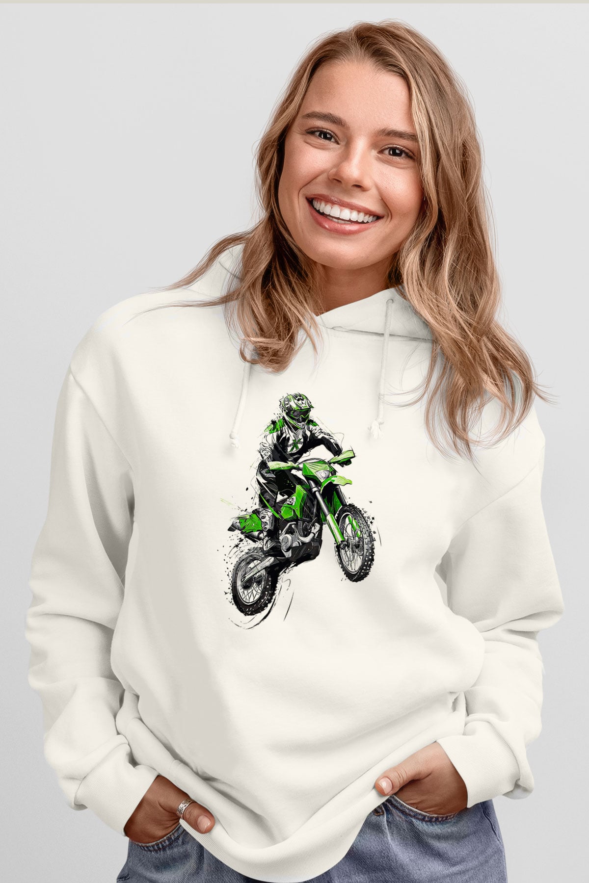 Motor Sporları Baskılı Unisex Ekru Hoodie
