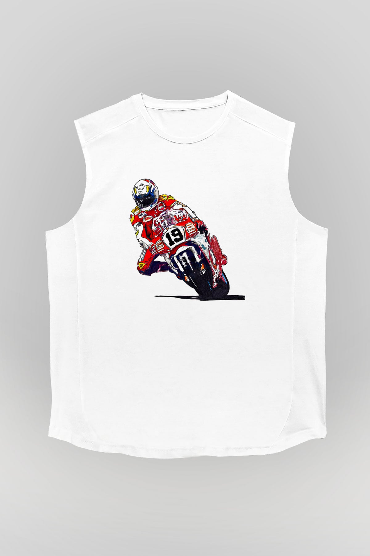 Motor Sporları Baskılı Unisex Kolsuz Beyaz Tişört