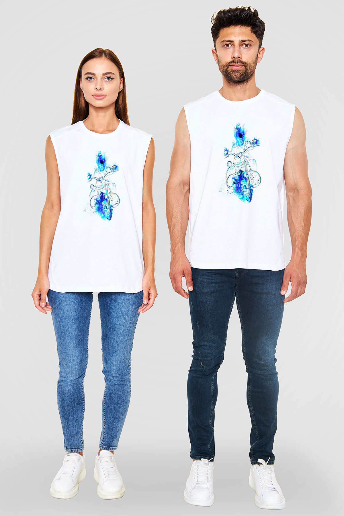 Motor Sporları Baskılı Unisex Kolsuz Beyaz Tişört