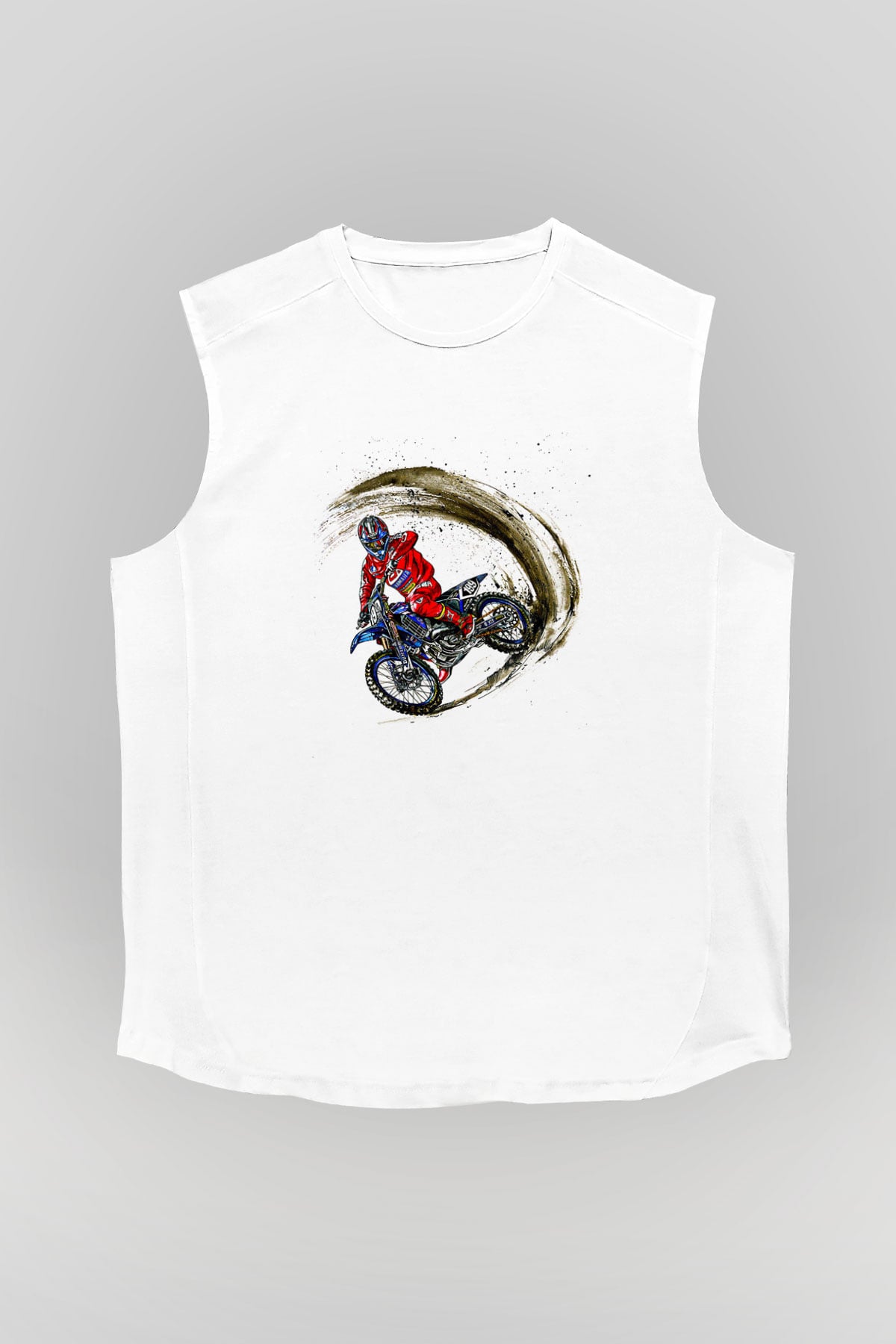 Motor Sporları Baskılı Unisex Kolsuz Beyaz Tişört