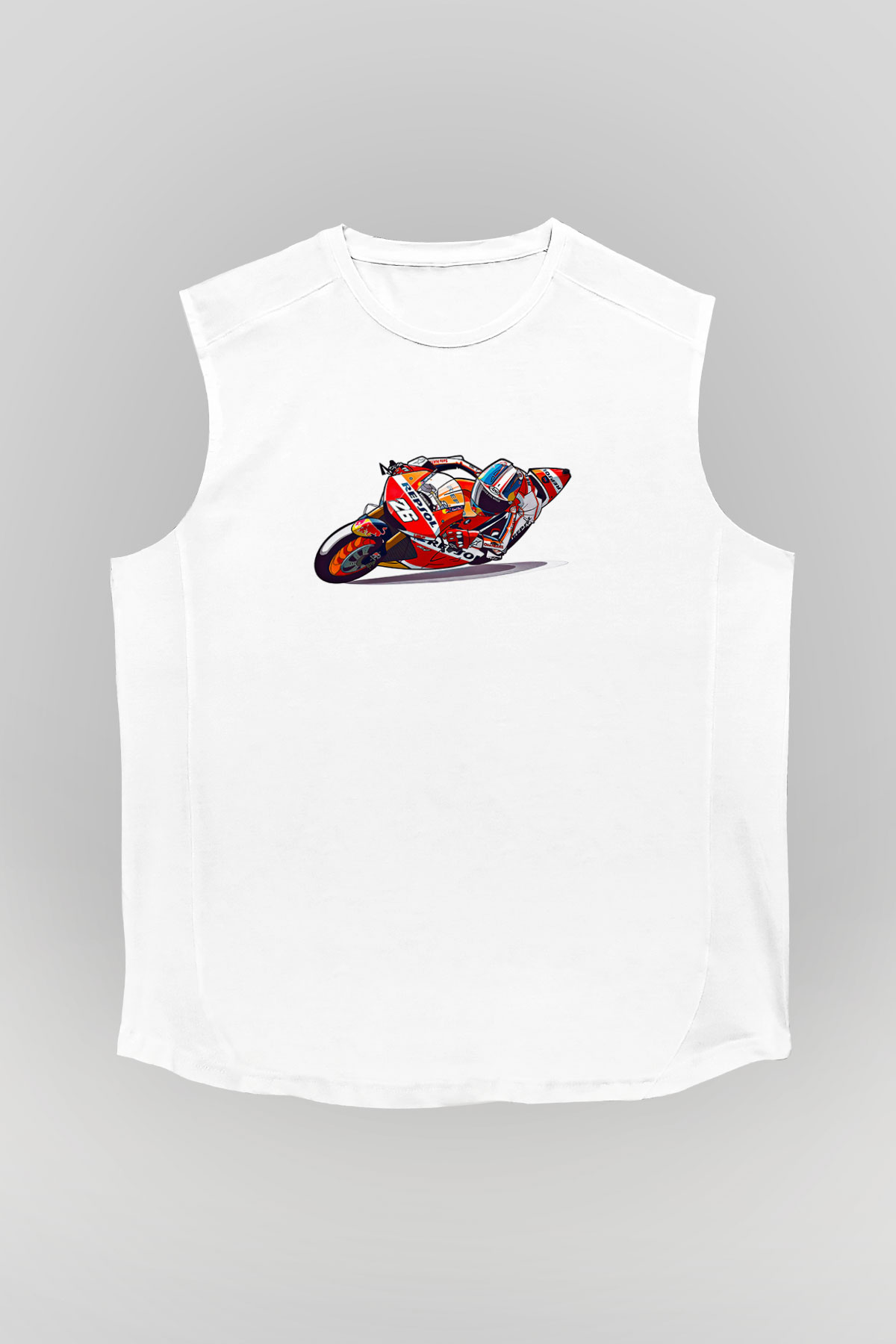 Motor Sporları Baskılı Unisex Kolsuz Beyaz Tişört