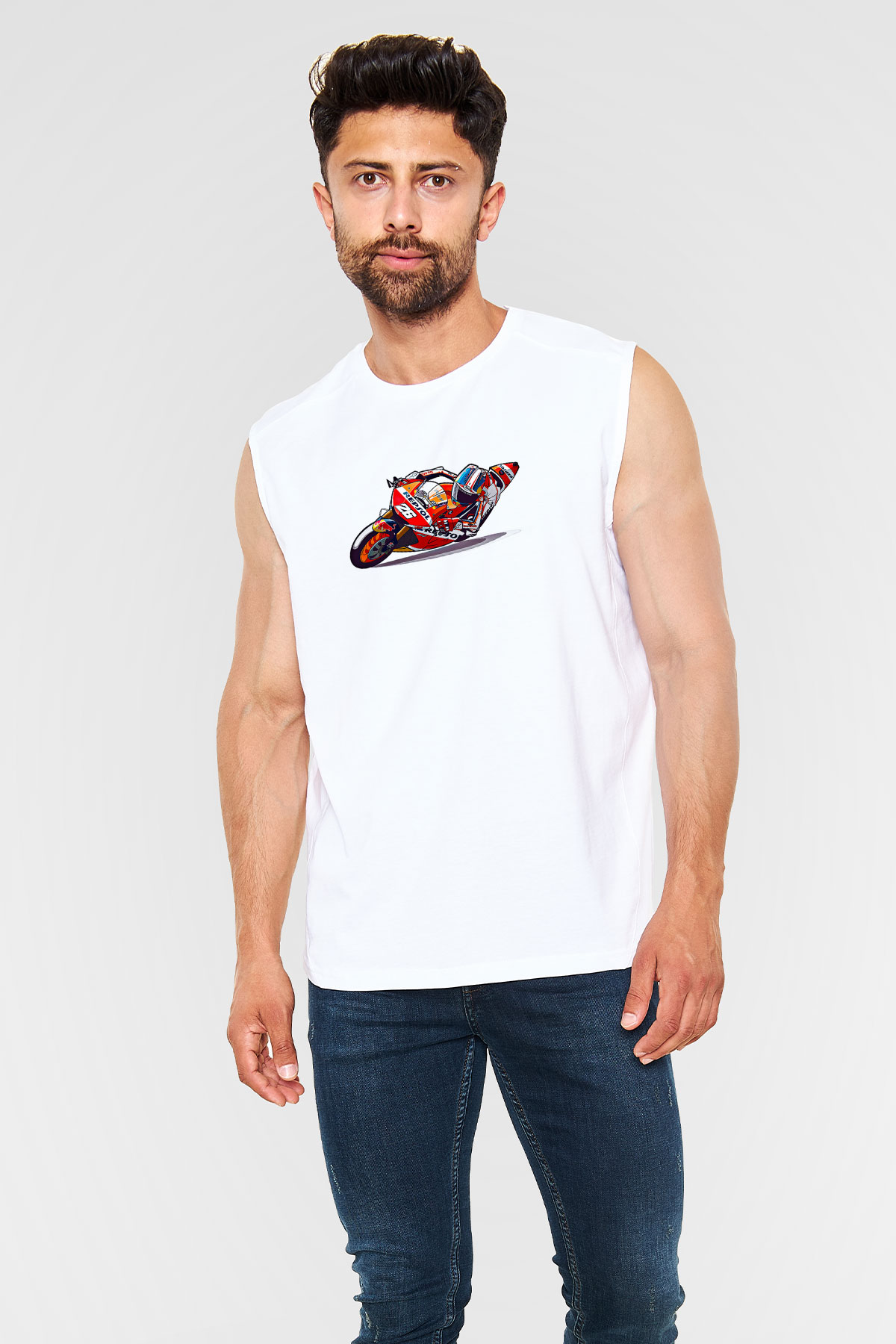 Motor Sporları Baskılı Unisex Kolsuz Beyaz Tişört