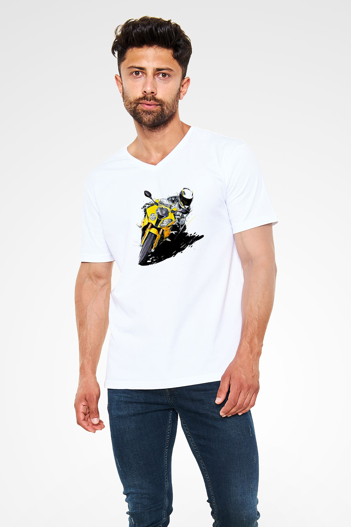 Motor Sporları Baskılı Unisex V Yaka Tişört - Tshirt