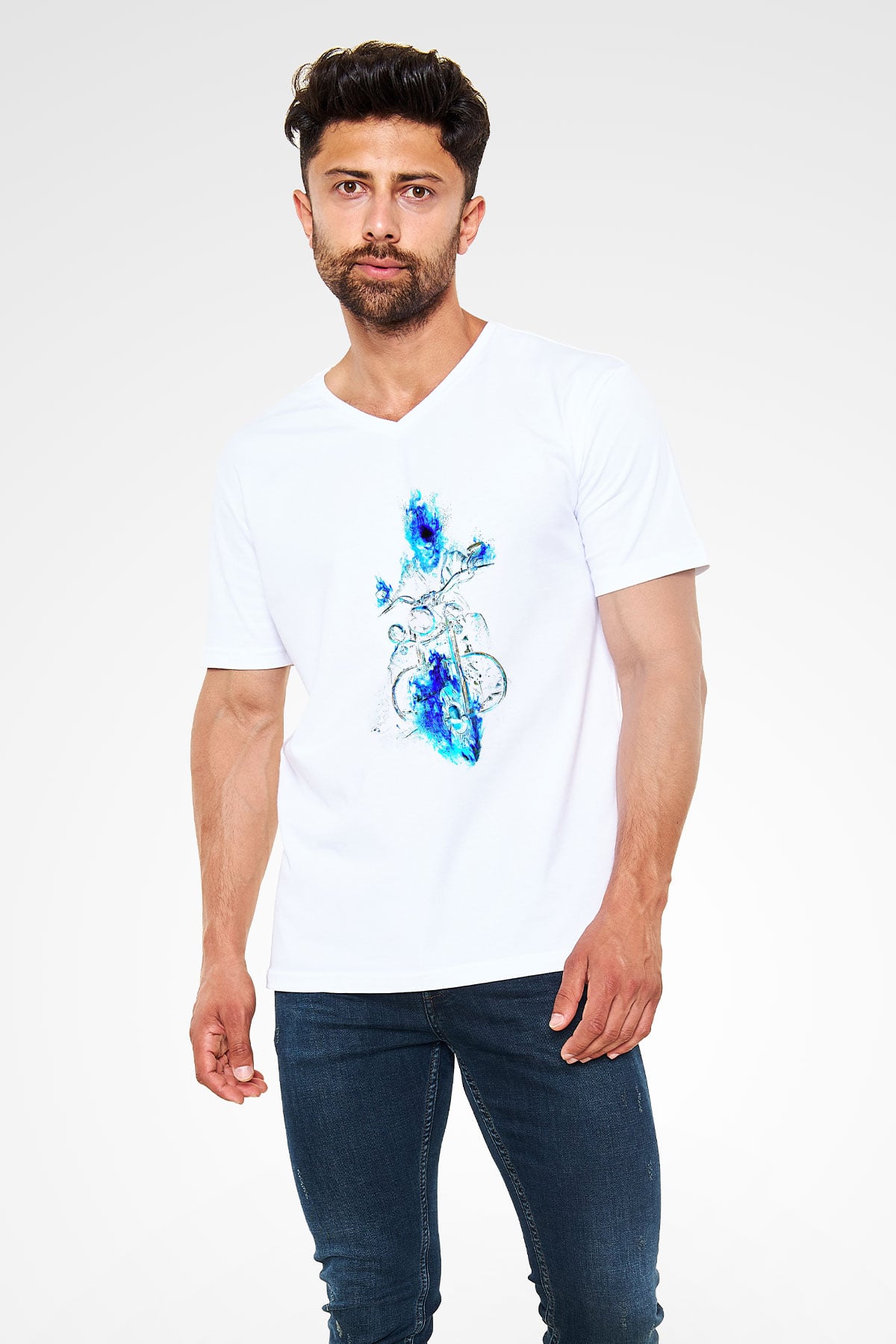 Motor Sporları Baskılı Unisex V Yaka Tişört - Tshirt