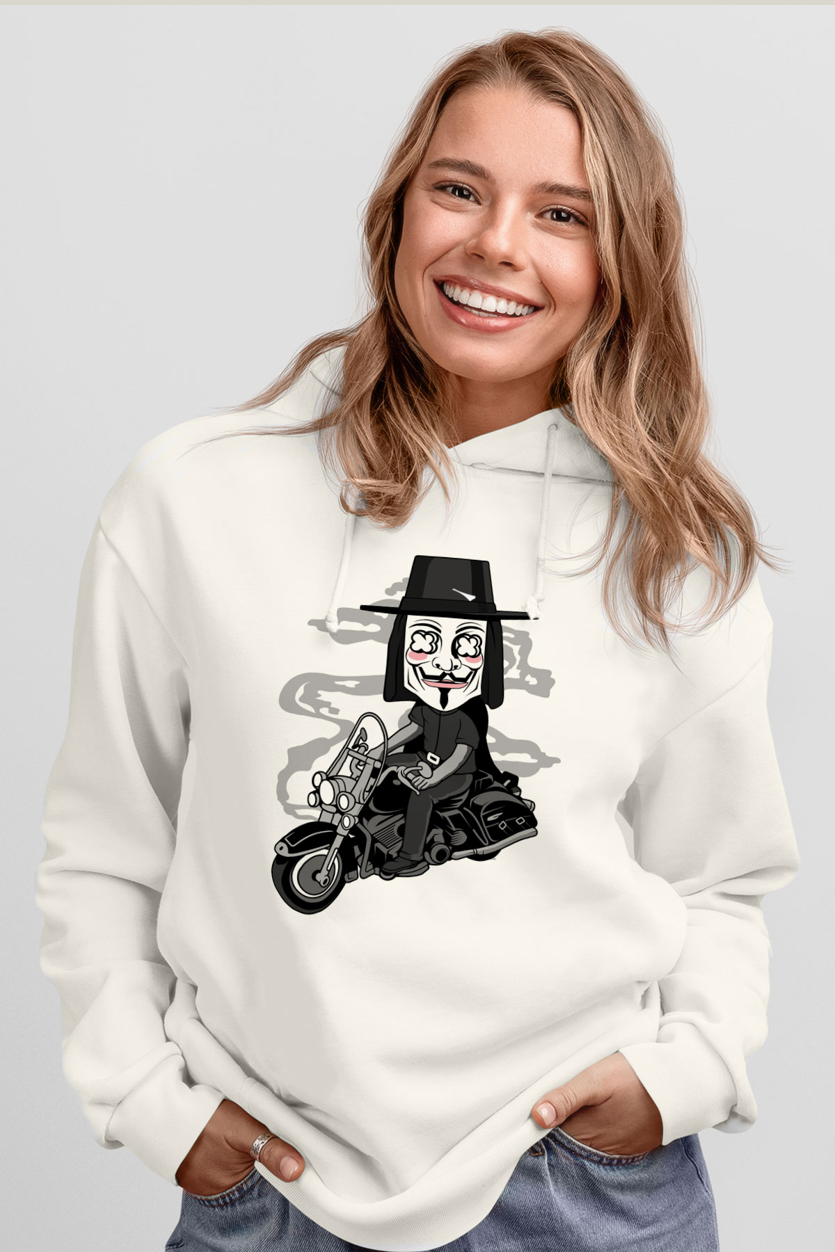 Motorcu Vendetta Baskılı Unisex Beyaz Hoodie