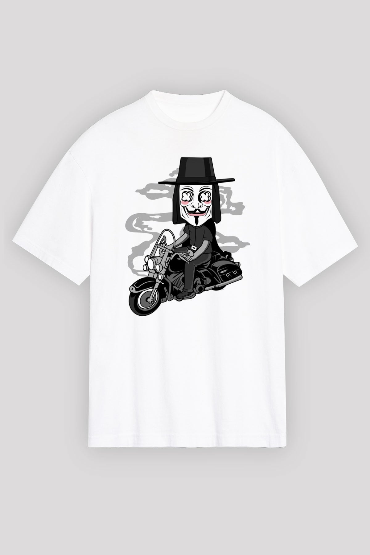 Motorcu Vendetta Baskılı Unisex Beyaz Oversize Tişört