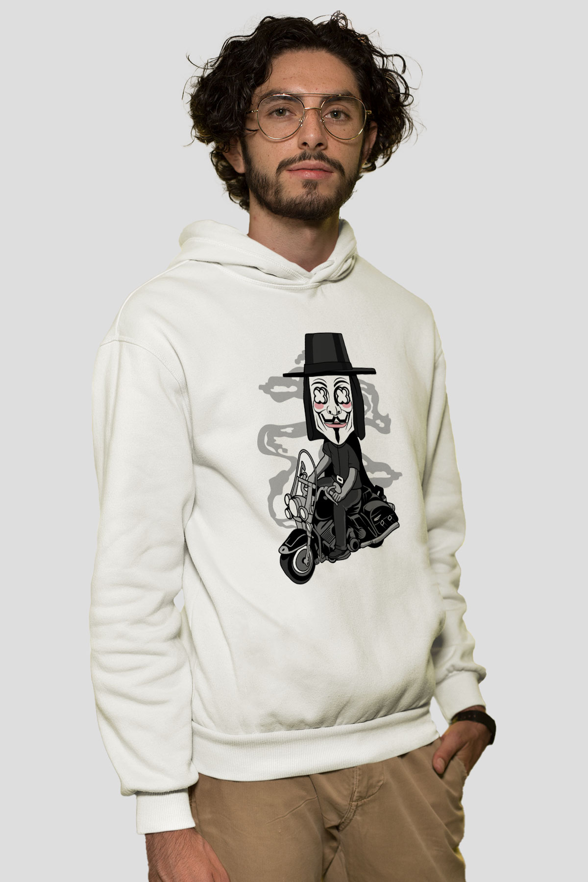 Motorcu Vendetta Baskılı Unisex Beyaz Hoodie