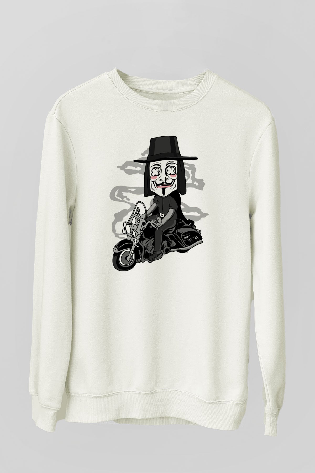Motorcu Vendetta Baskılı Unisex Beyaz Sweatshirt