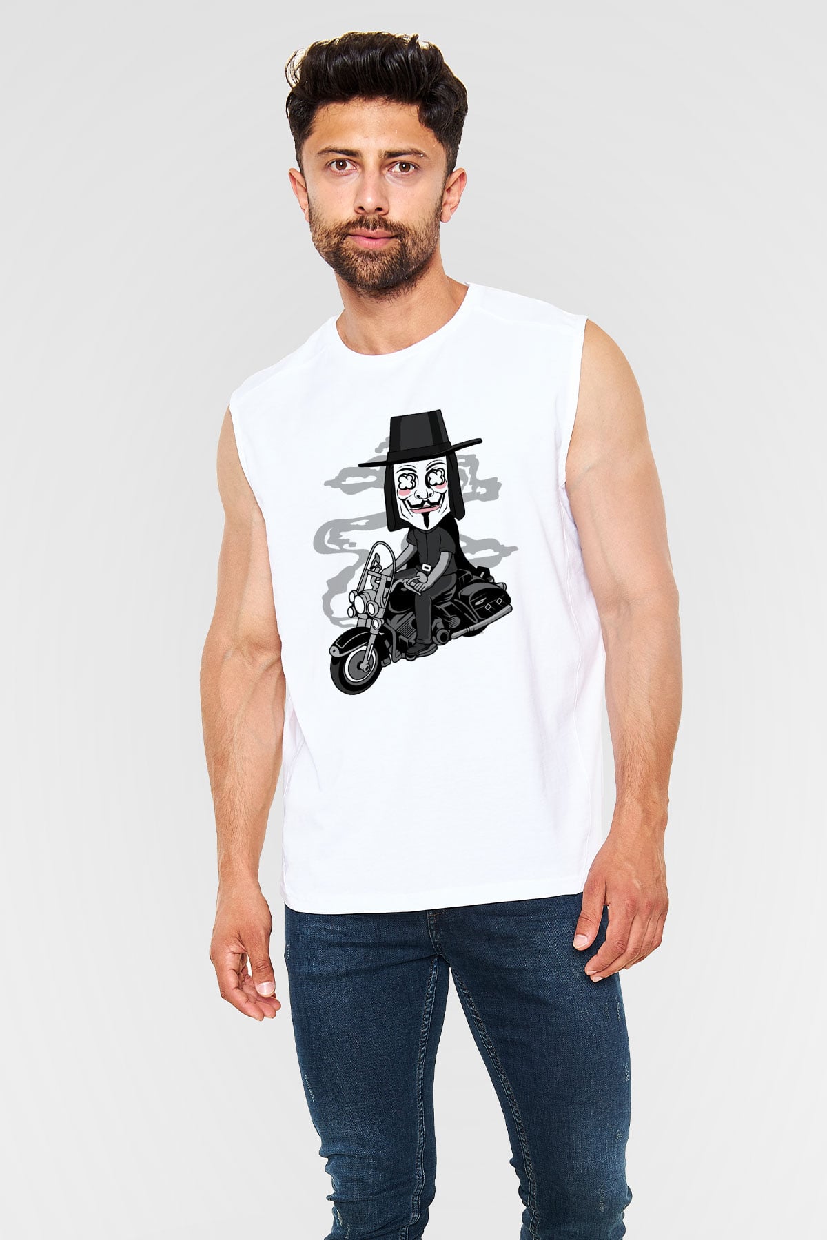 Motorcu Vendetta Baskılı Unisex Beyaz Kolsuz Tişört