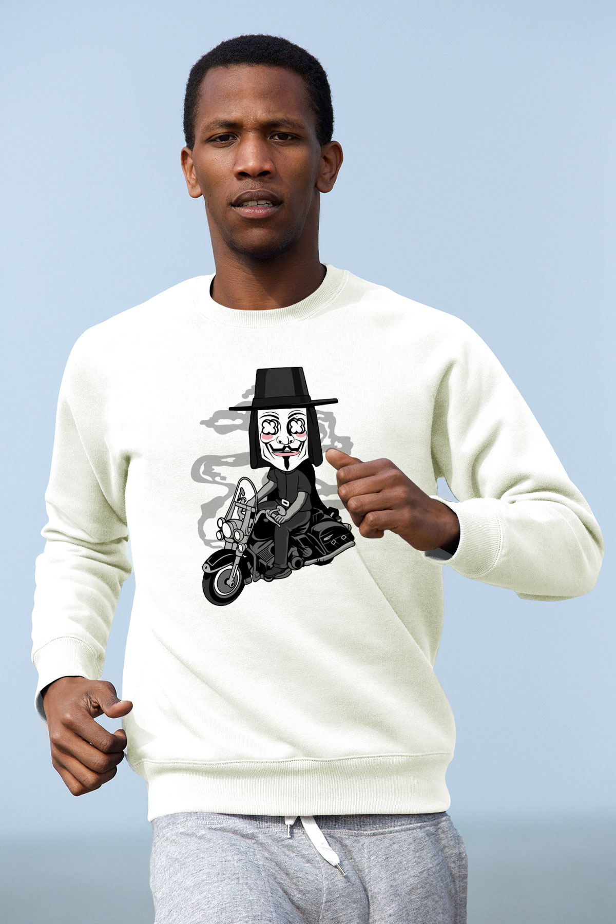 Motorcu Vendetta Baskılı Unisex Beyaz Sweatshirt