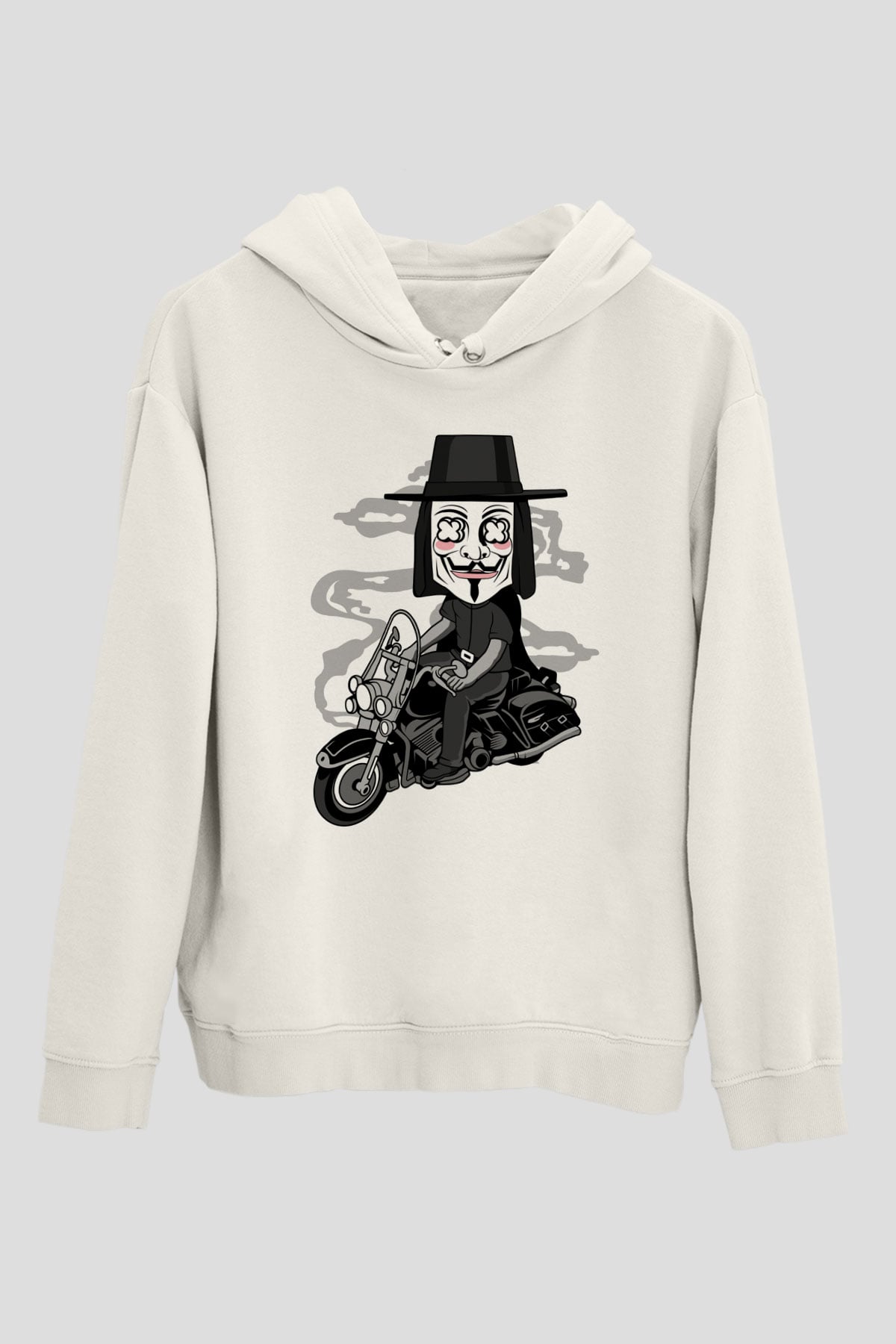 Motorcu Vendetta Baskılı Unisex Beyaz Hoodie
