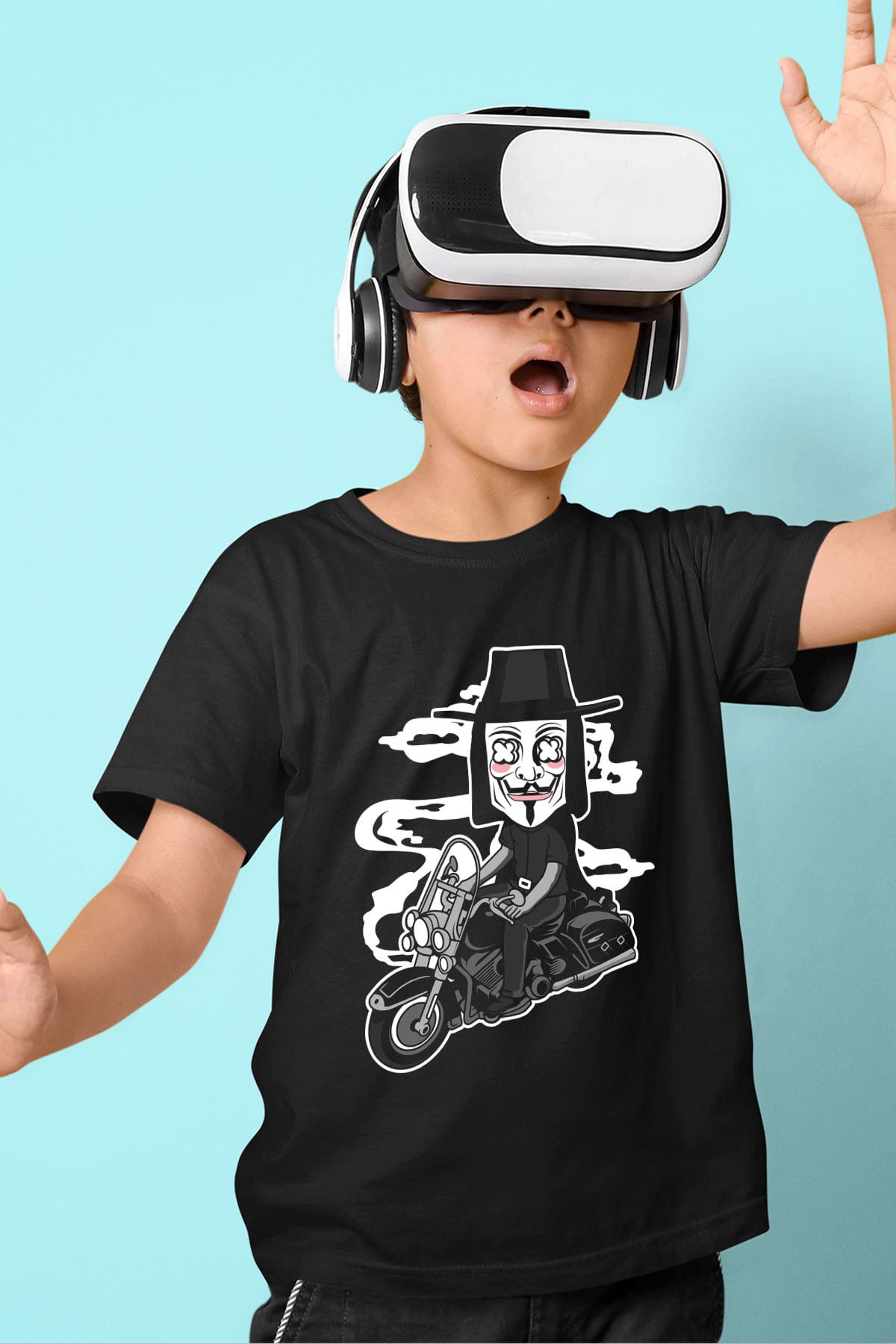 Motorcu Vendetta Baskılı Unisex Siyah Çocuk Tişört