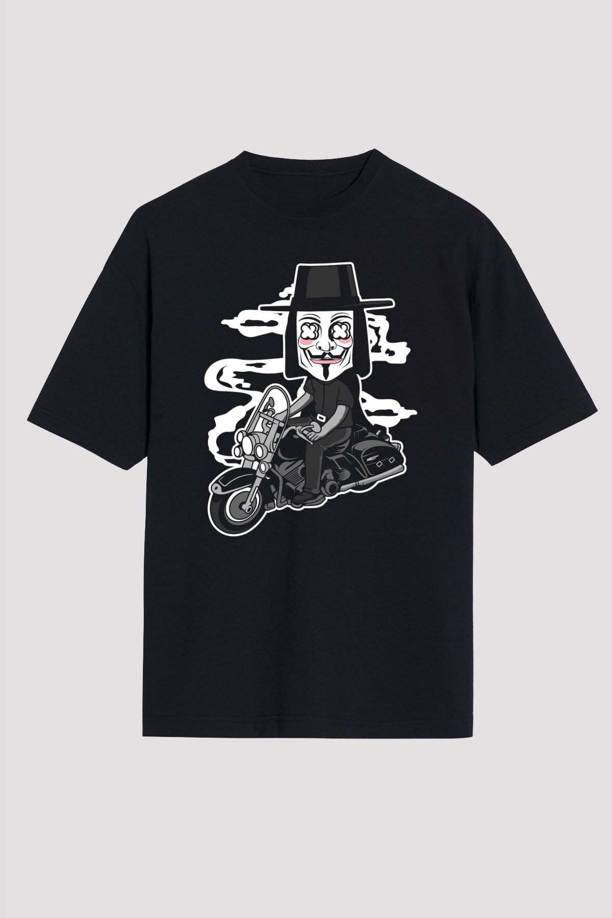 Motorcu Vendetta Baskılı Unisex Siyah Oversize Tişört