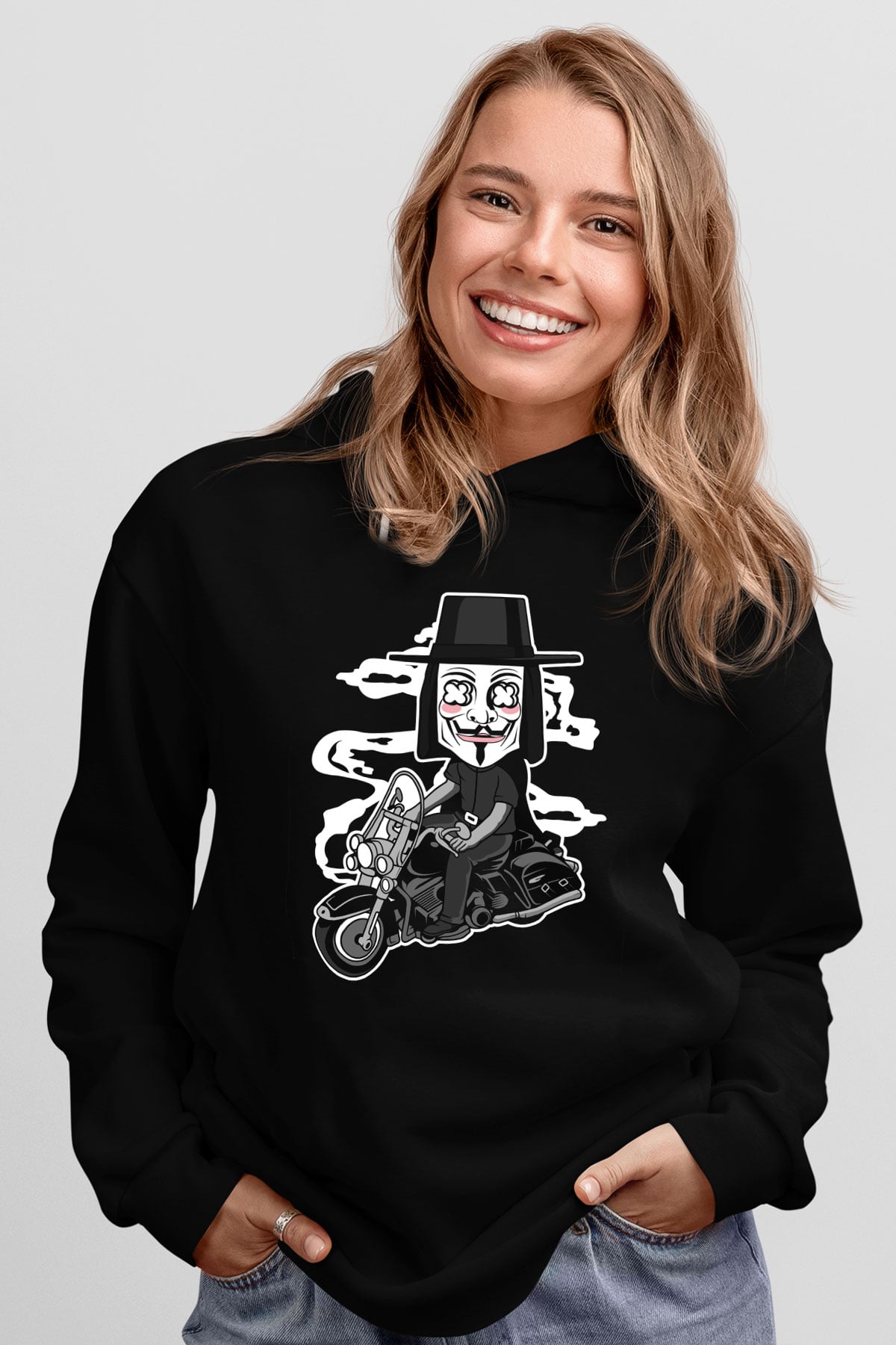 Motorcu Vendetta Baskılı Unisex Siyah Hoodie