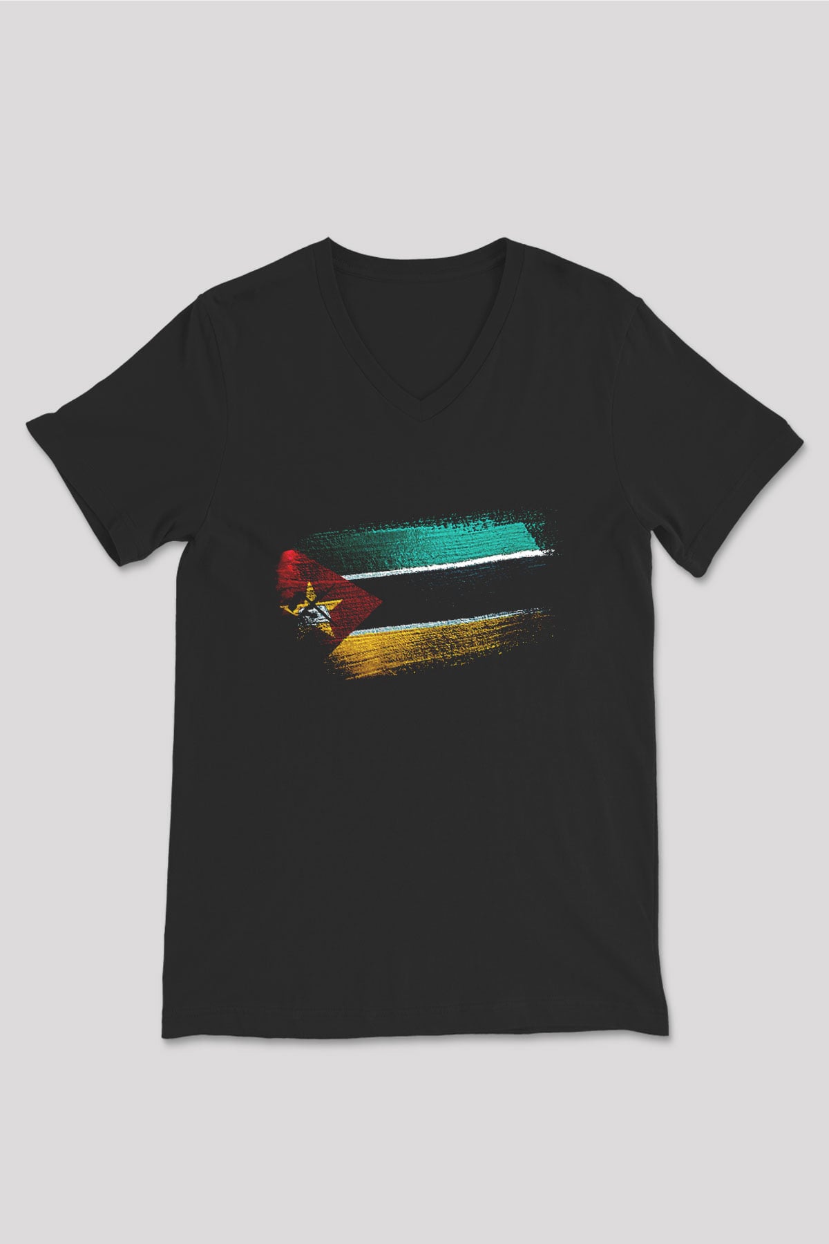 Mozambik - Mozambique Bayrağı Baskılı Unisex Siyah V Yaka Tişört