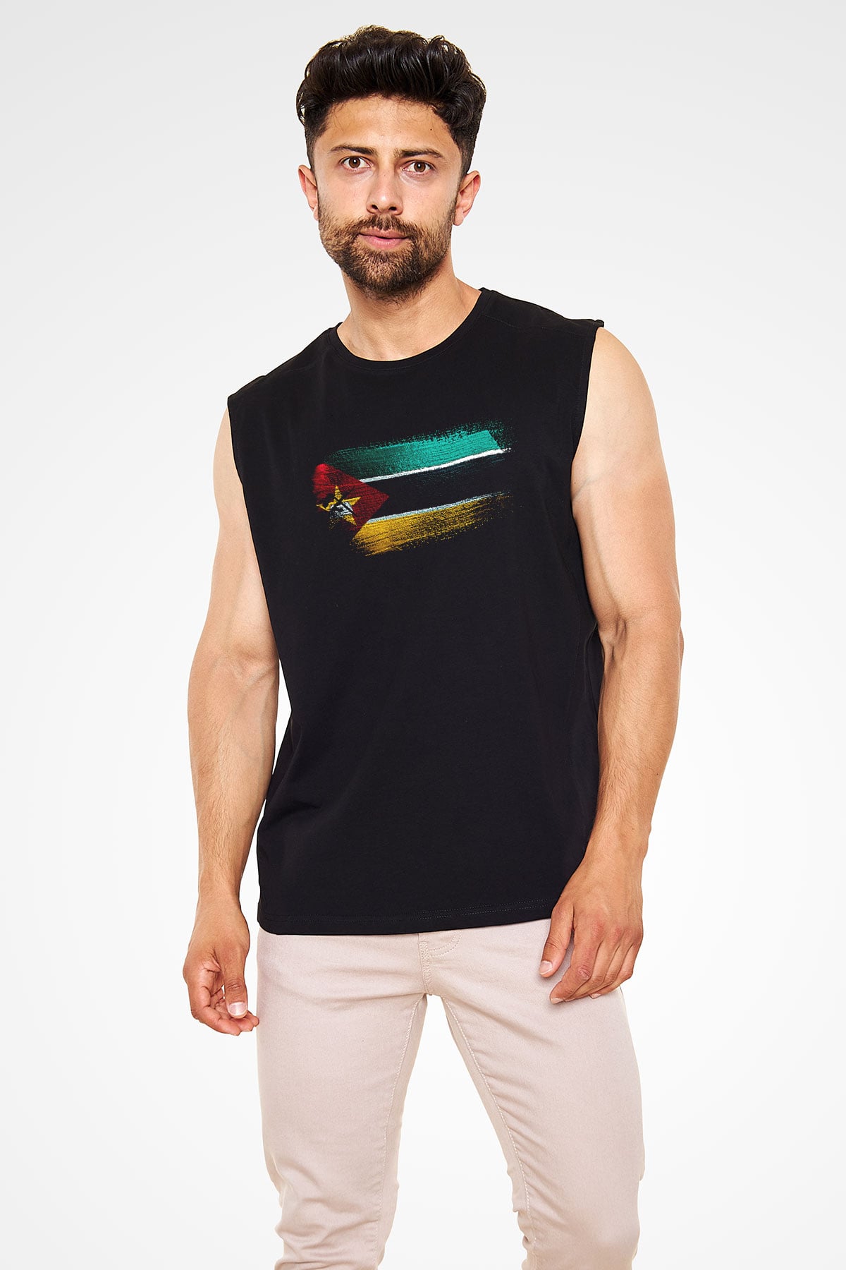 Mozambik - Mozambique Bayrağı Baskılı Unisex Siyah Kolsuz Tişört