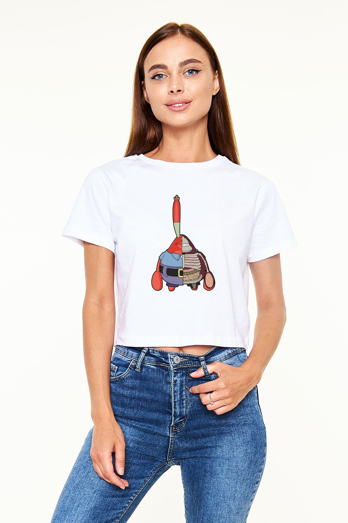 Mr Krabs Half Skeleton Baskılı Beyaz Kadın Crop Top Tişört
