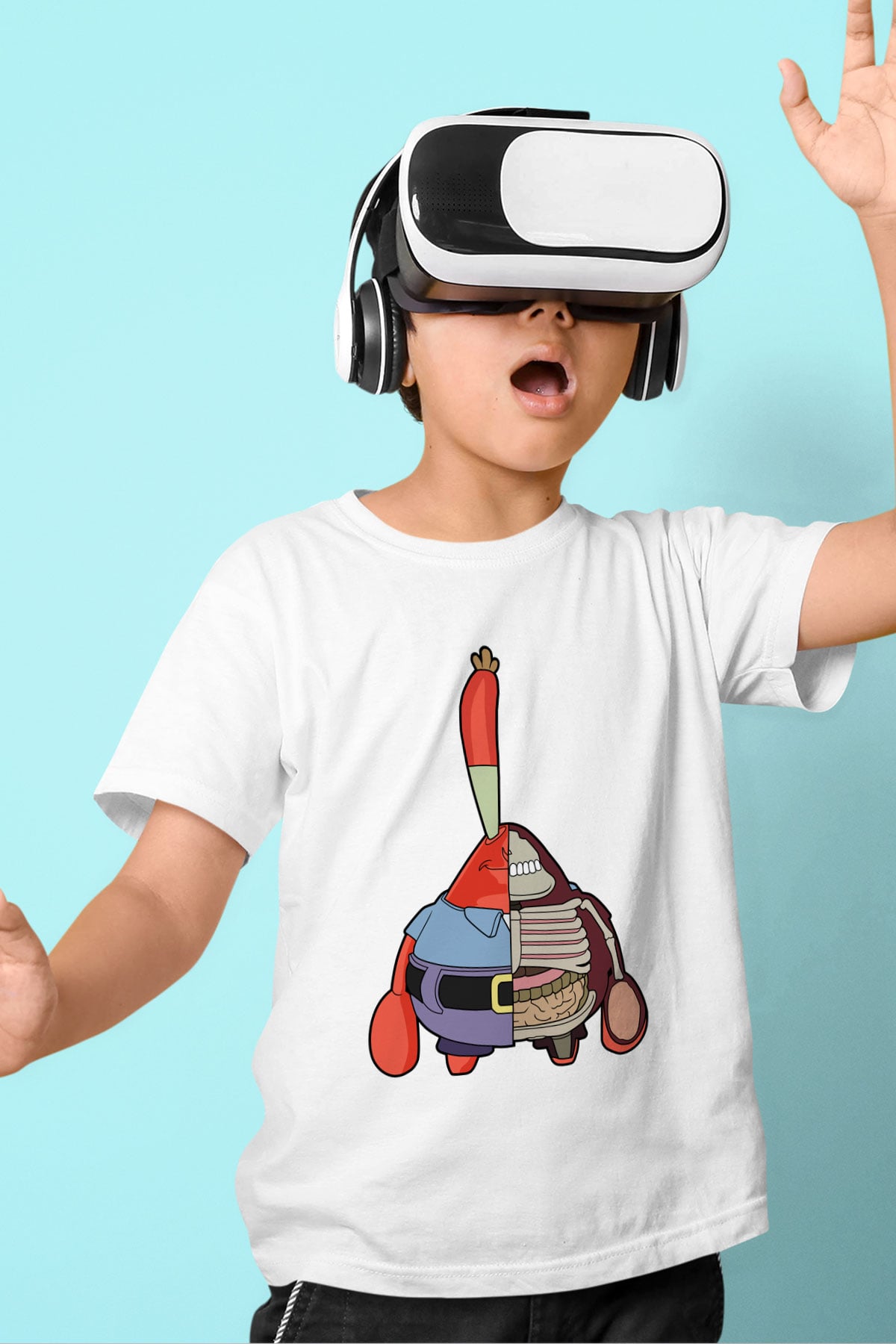 Mr Krabs Half Skeleton Baskılı Beyaz Unisex Çocuk Tshirt