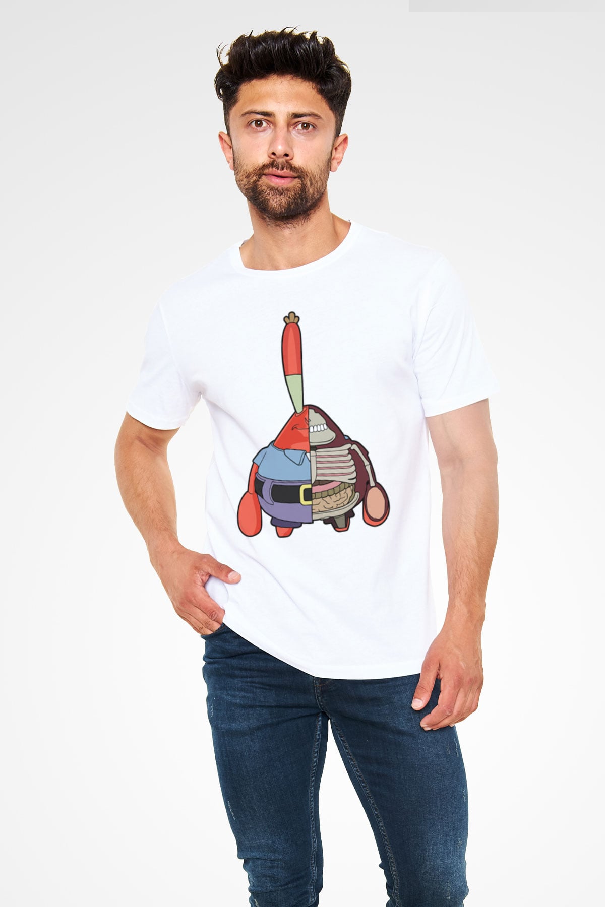 Mr Krabs Half Skeleton Baskılı Beyaz Unisex Tshirt