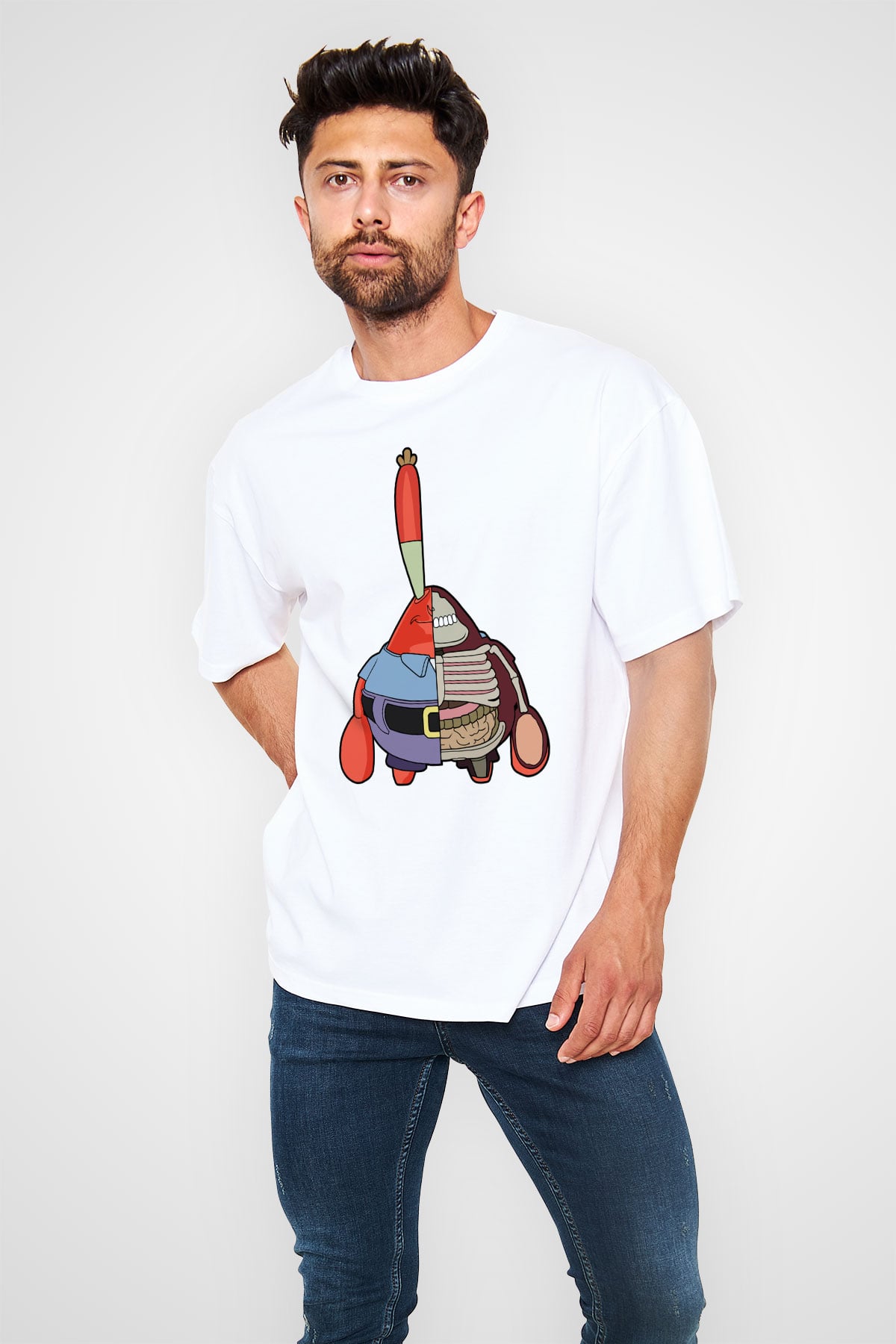 Mr Krabs Half Skeleton Baskılı Beyaz Unisex Oversize Tişört