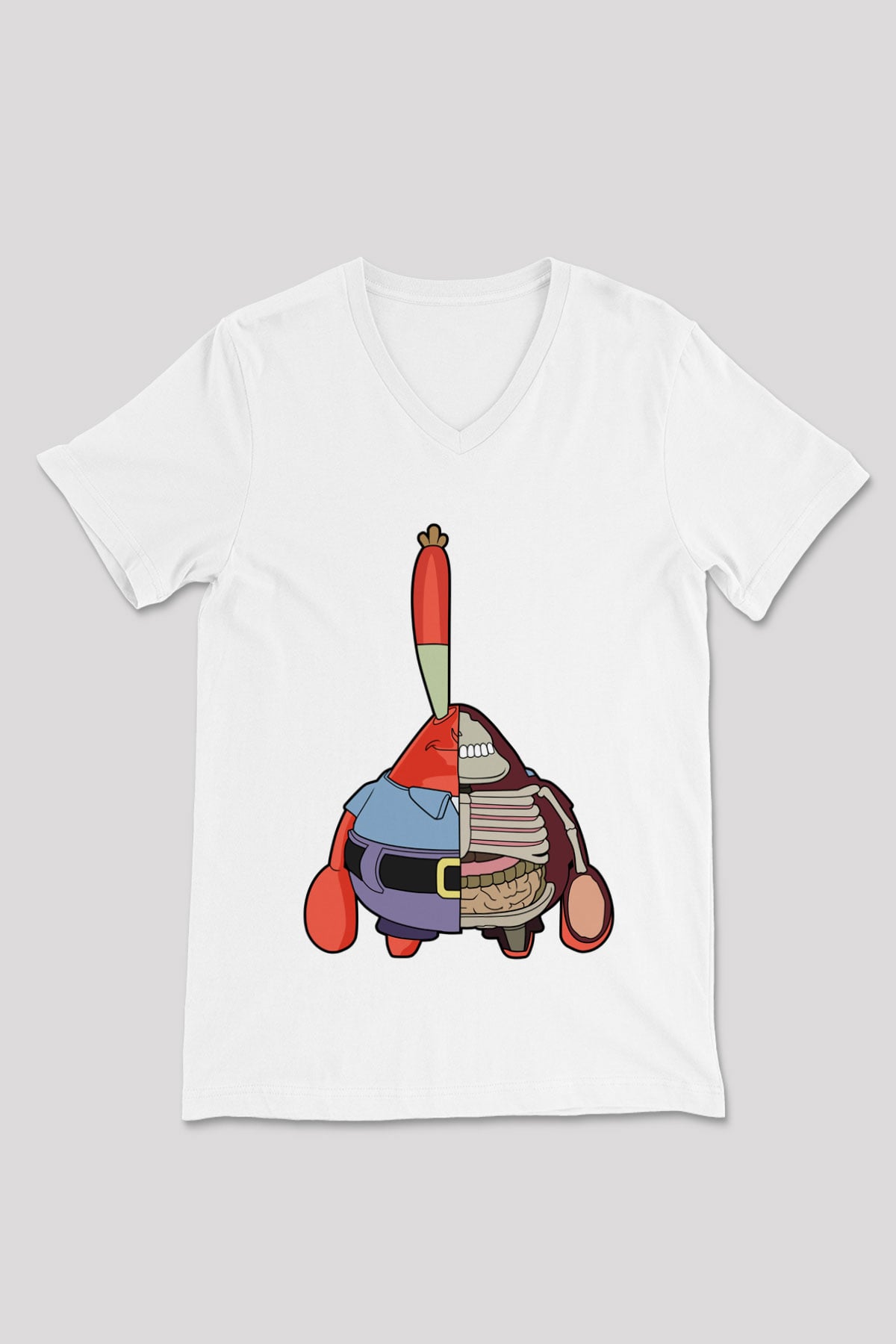 Mr Krabs Half Skeleton Baskılı Beyaz Unisex V Yaka Tişört