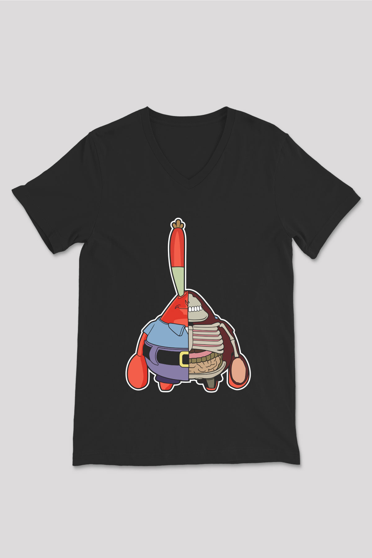 Mr Krabs Half Skeleton Baskılı Siyah Unisex V Yaka Tişört