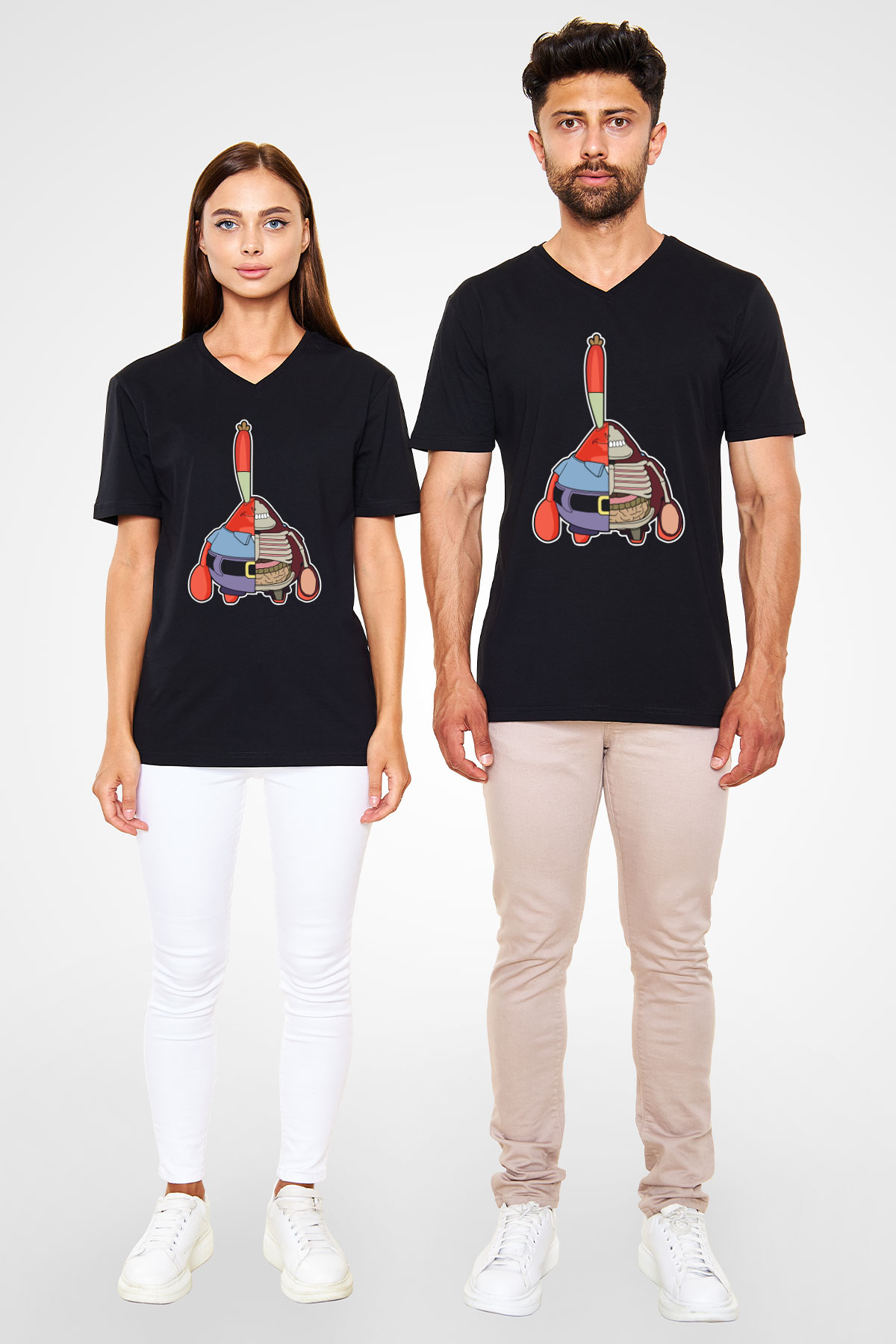 Mr Krabs Half Skeleton Baskılı Siyah Unisex V Yaka Tişört