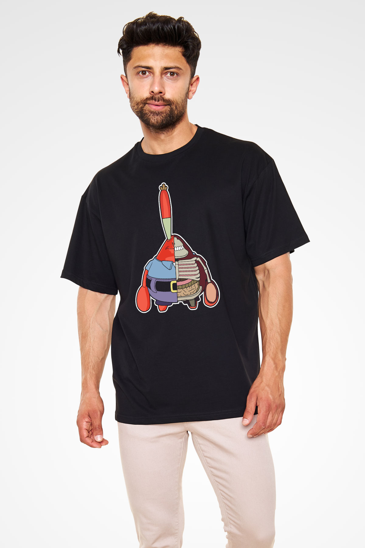 Mr Krabs Half Skeleton Baskılı Siyah Unisex Oversize Tişört