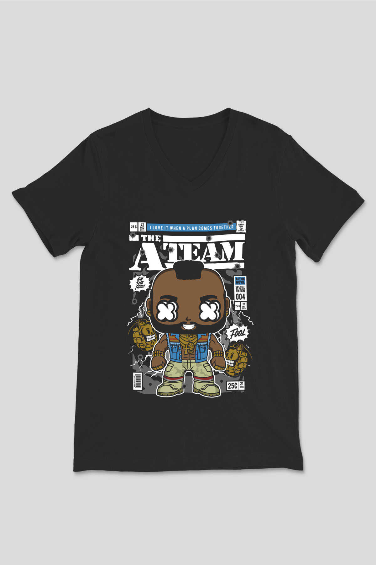 Mr T Baskılı Unisex Siyah V Yaka Tişört