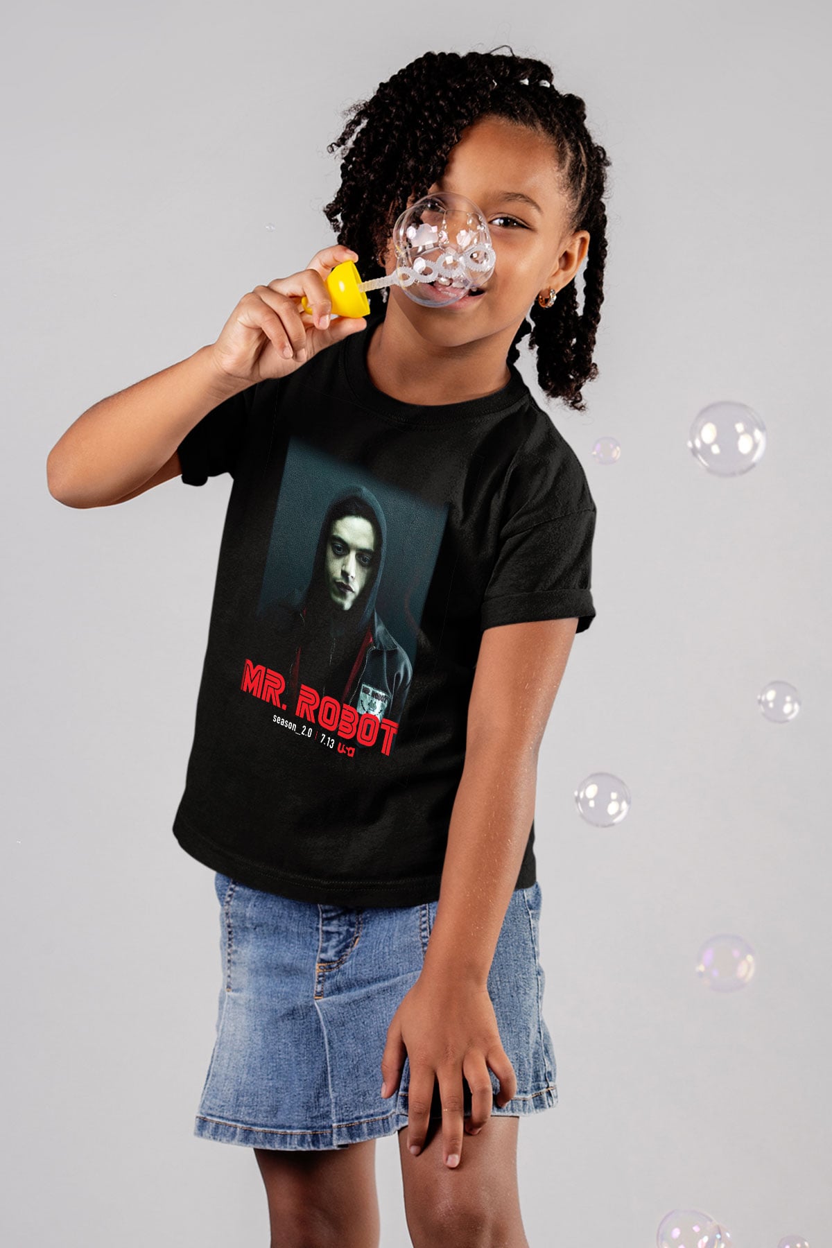Mr. Robot Baskılı Siyah Unisex Çocuk Tişört