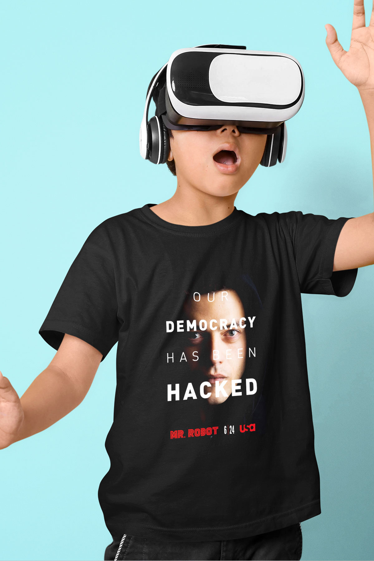Mr. Robot Baskılı Siyah Unisex Çocuk Tişört
