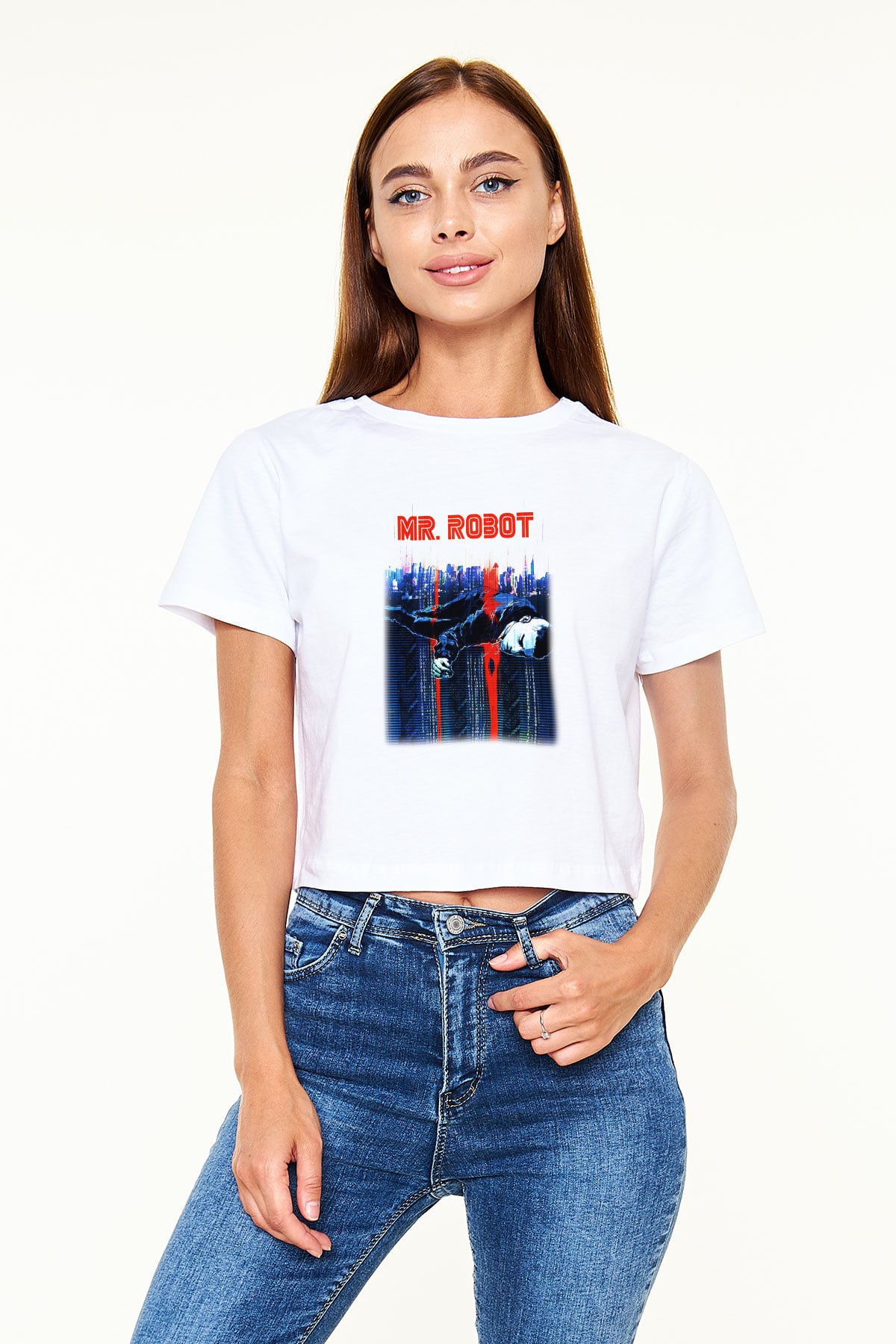 Mr. Robot Beyaz Croptop Tişört