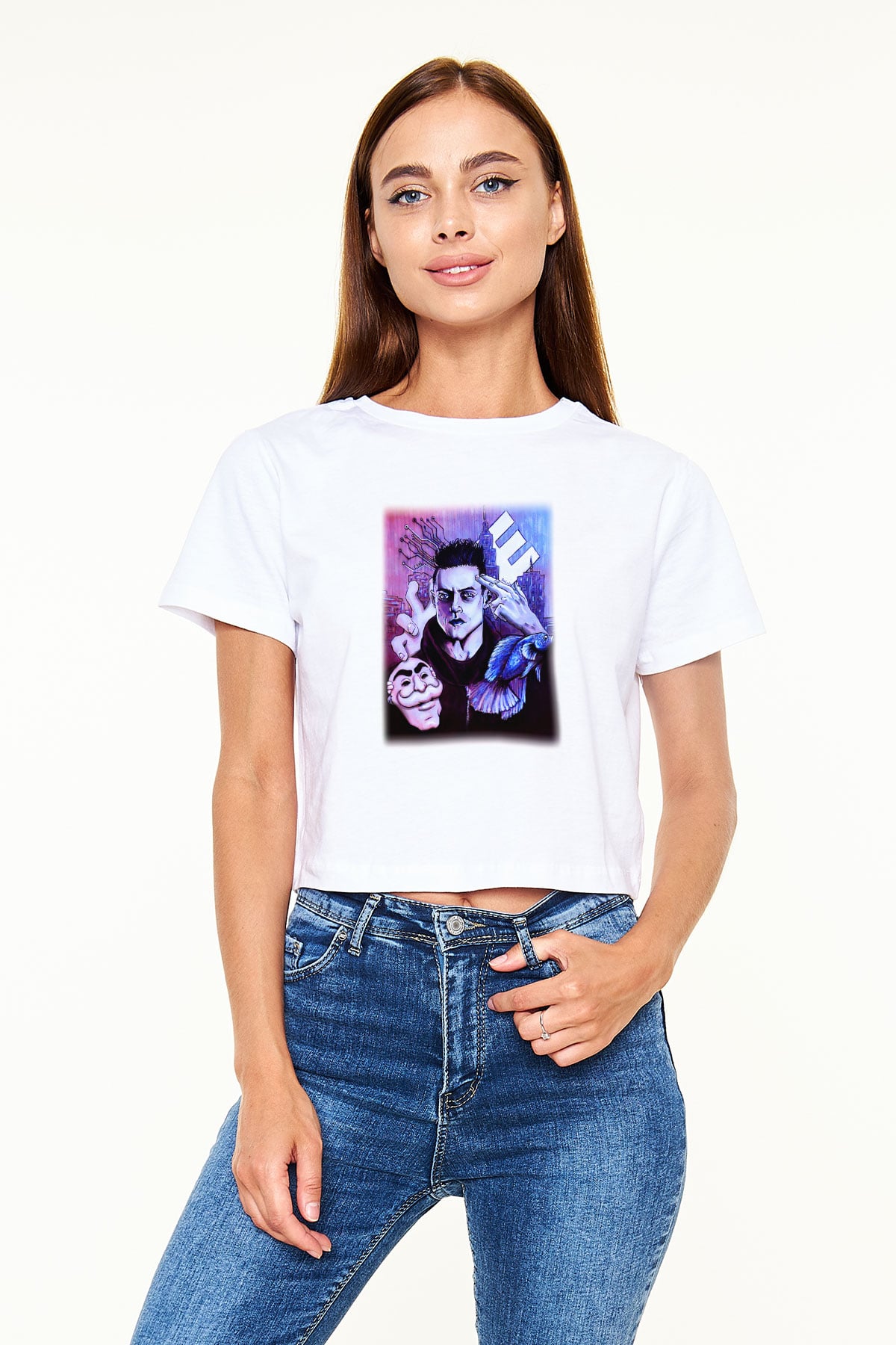 Mr. Robot Beyaz Croptop Tişört