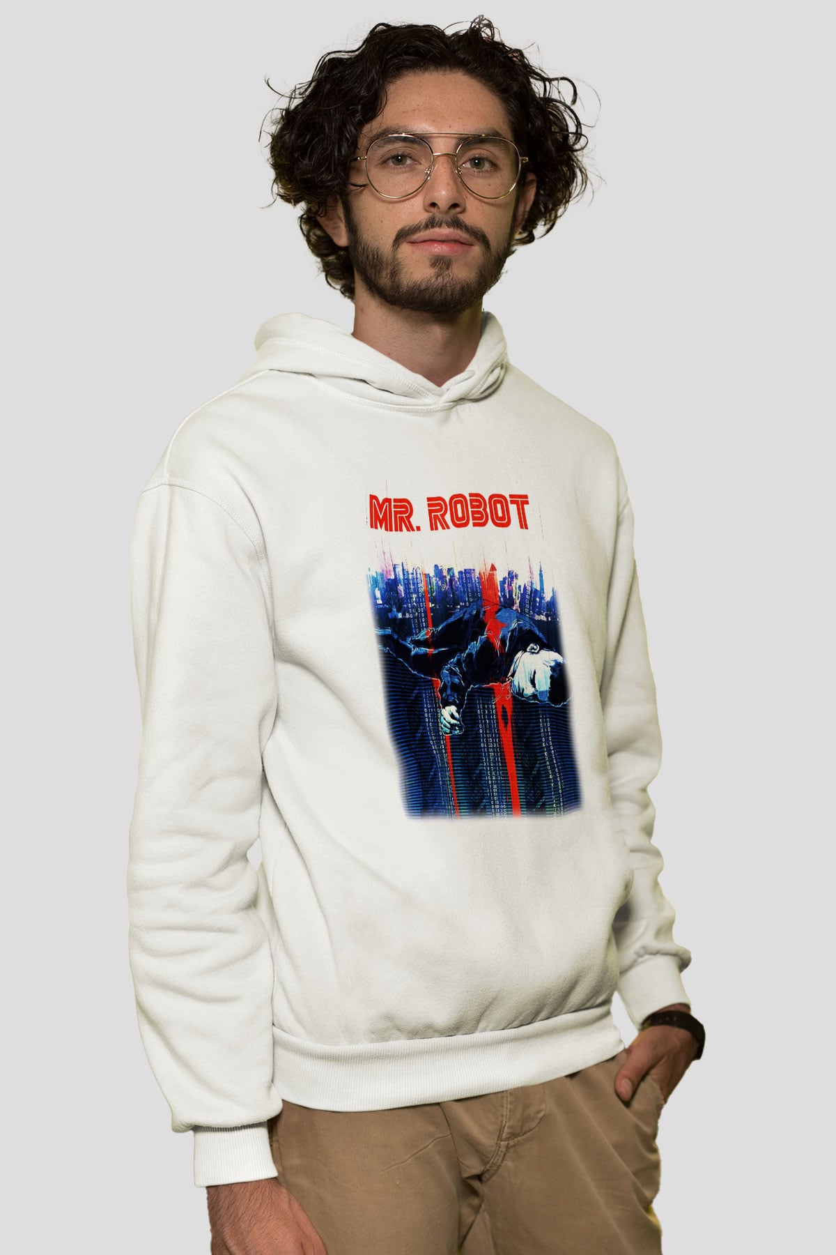 Mr. Robot Beyaz Unisex Kapşonlu Sweatshirt