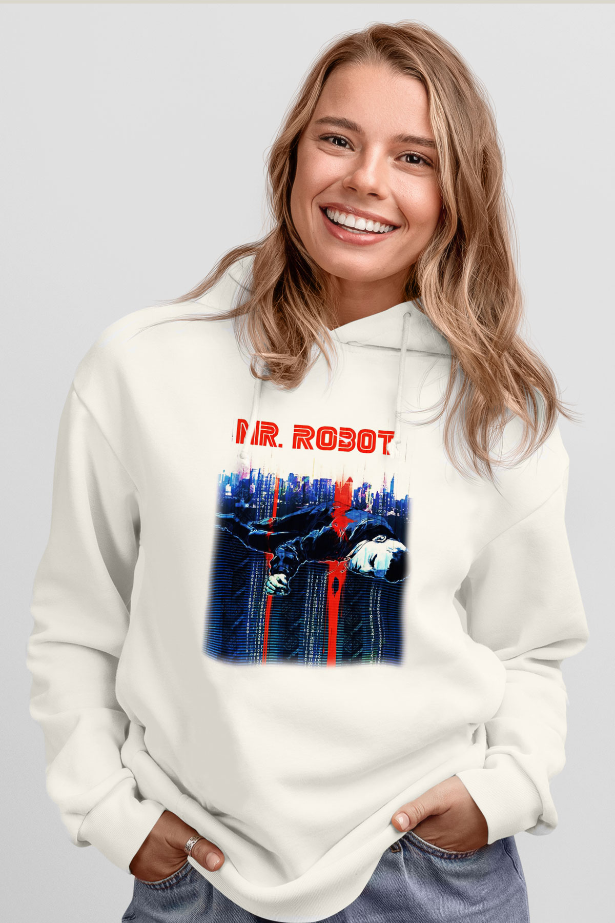 Mr. Robot Beyaz Unisex Kapşonlu Sweatshirt