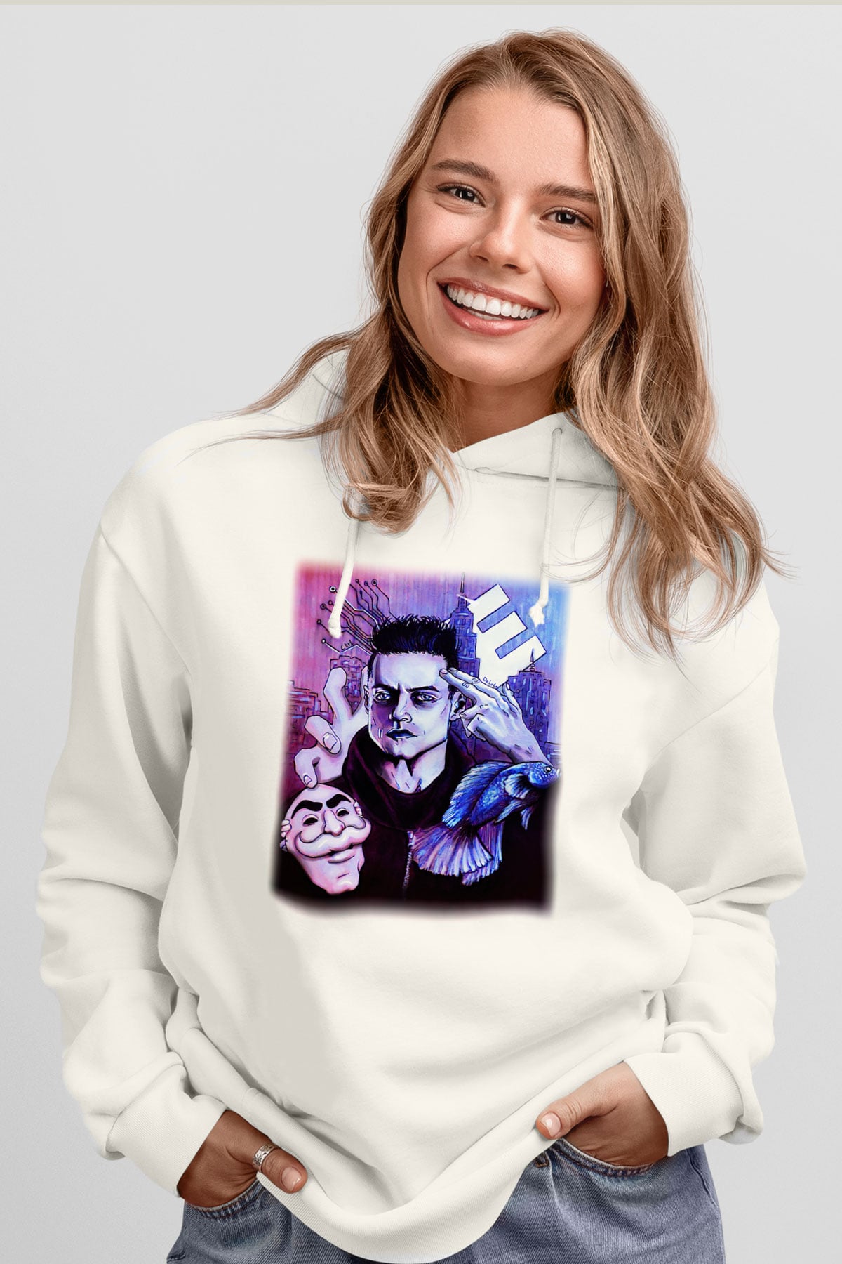 Mr. Robot Beyaz Unisex Kapşonlu Sweatshirt