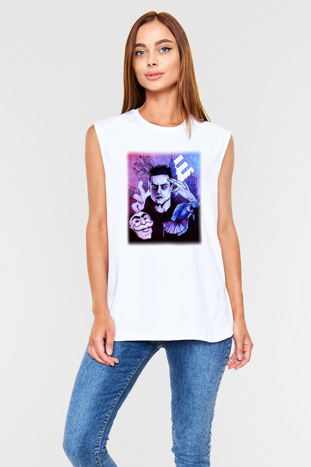 Mr. Robot Beyaz Unisex Kolsuz Tişört