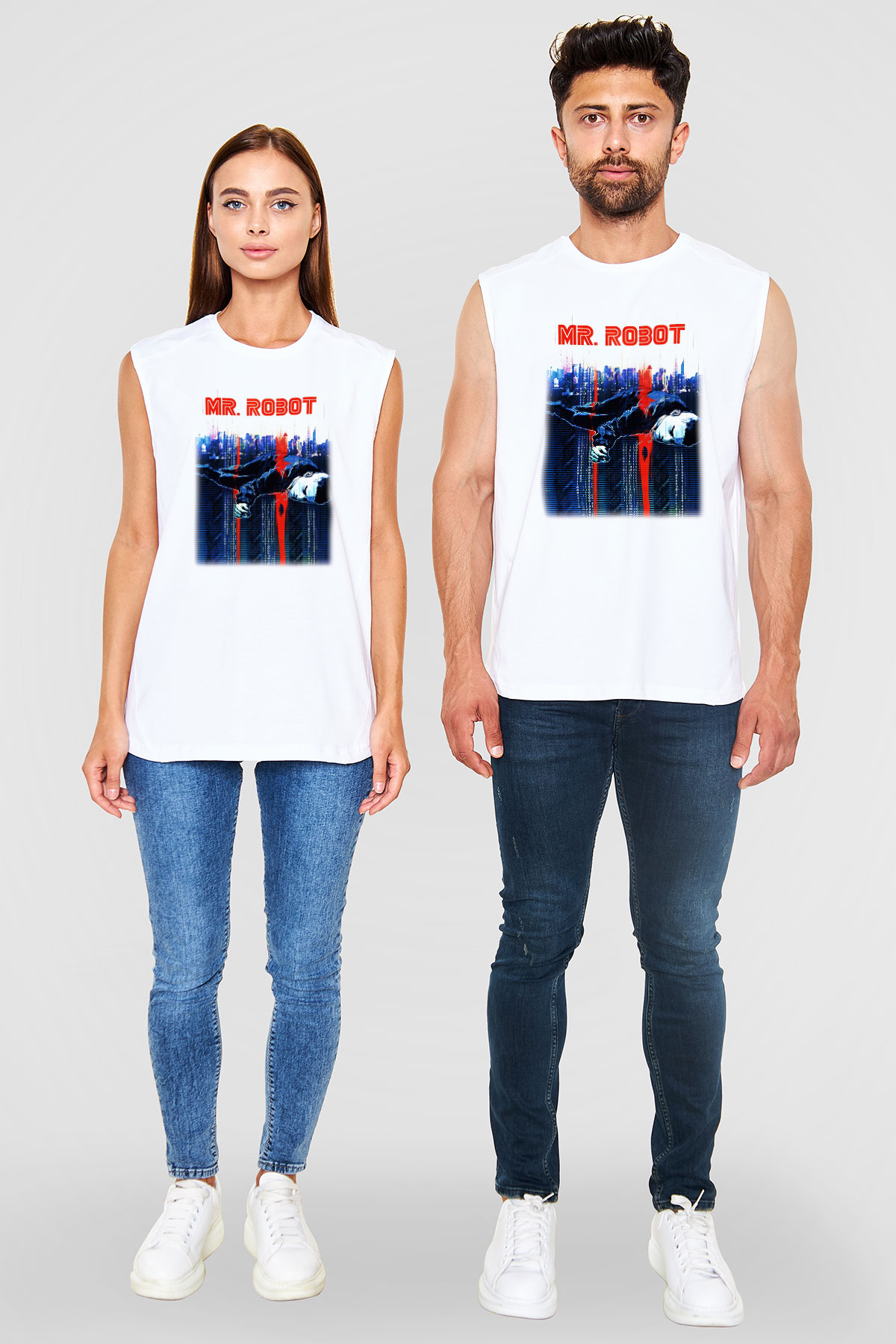 Mr. Robot Beyaz Unisex Kolsuz Tişört