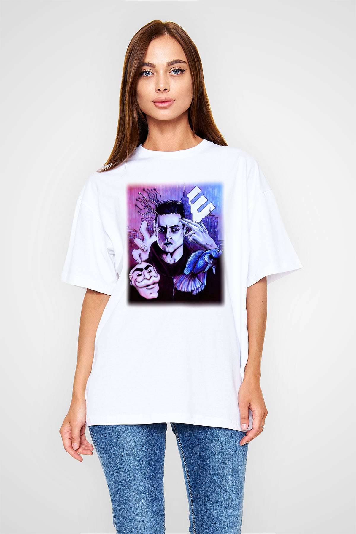 Mr. Robot Beyaz Unisex Oversize Tişört T-Shirt