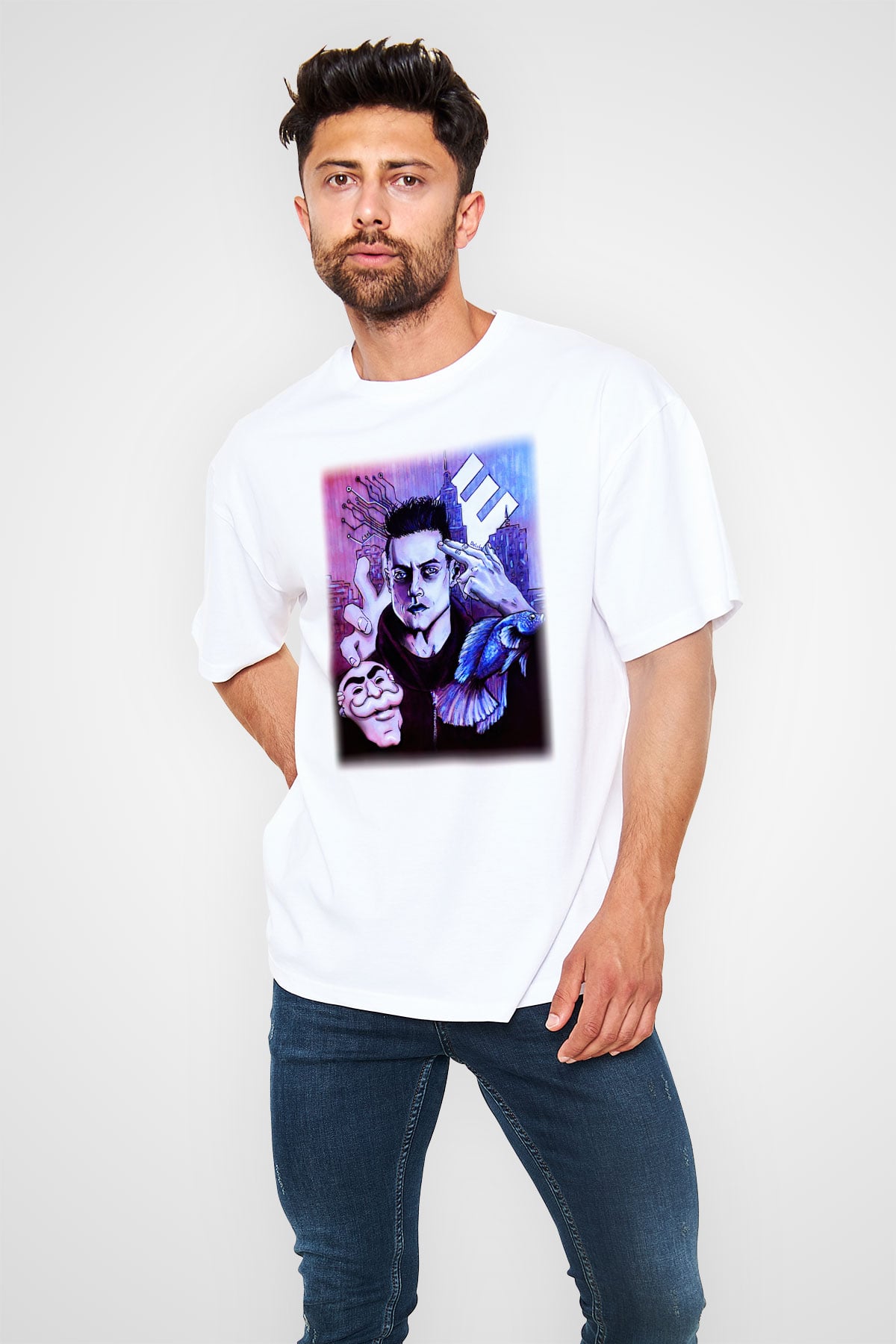 Mr. Robot Beyaz Unisex Oversize Tişört T-Shirt
