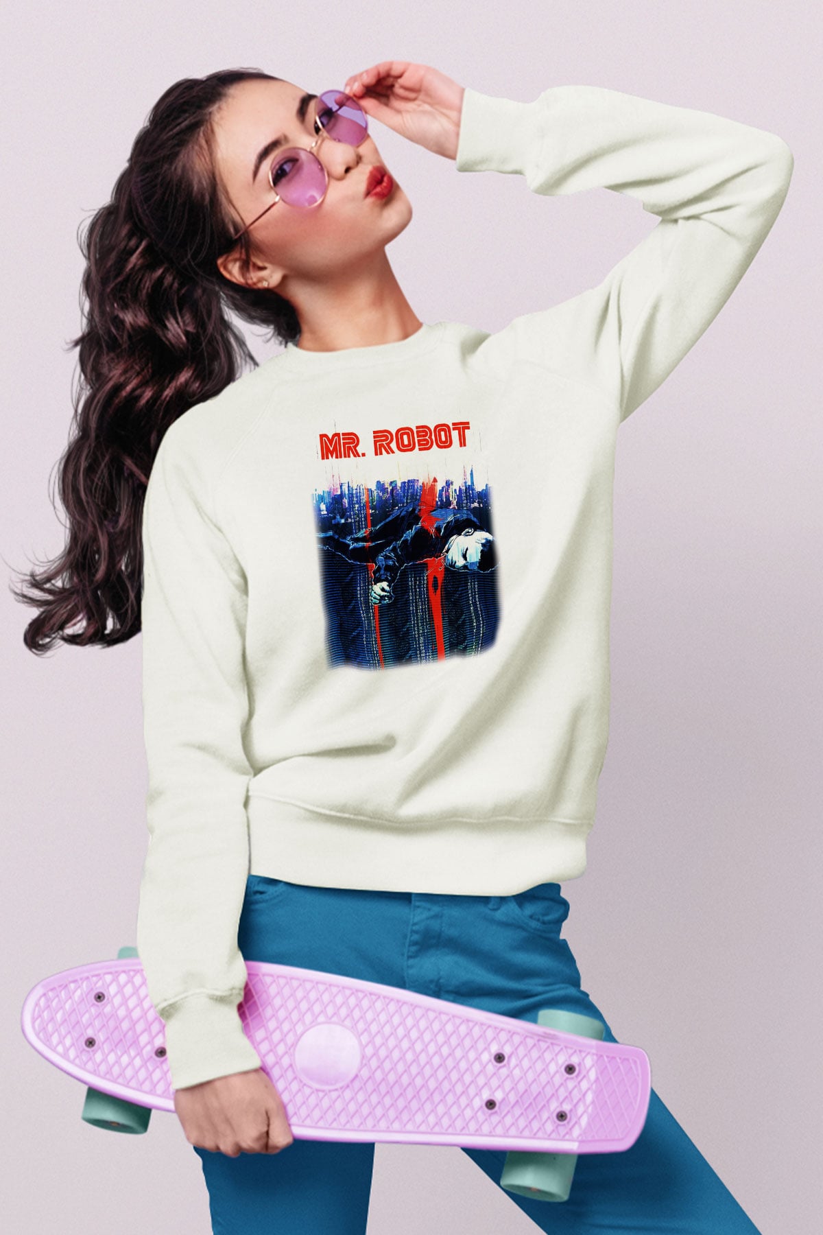 Mr. Robot Beyaz Unisex Sweatshirt